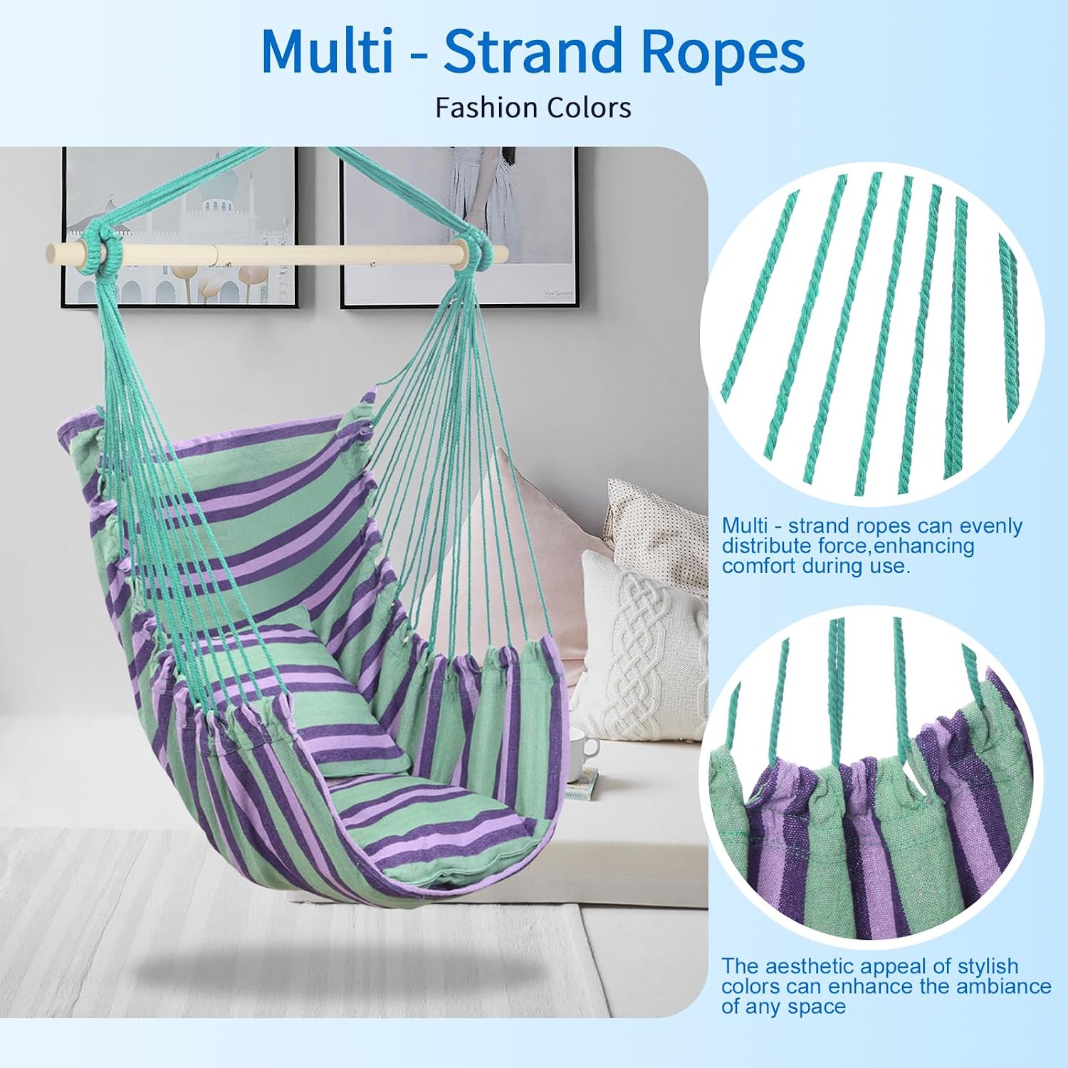 Outvita Hammock Chair Hanging Rope Swing, Galvanized Steel Pole with Non-Slip Ring, Includes 2 Fluffy Pillows, Maximum Weight Capacity 500 lbs for Indoor, Patio, Backyard Hanging, Mix Color Stripe