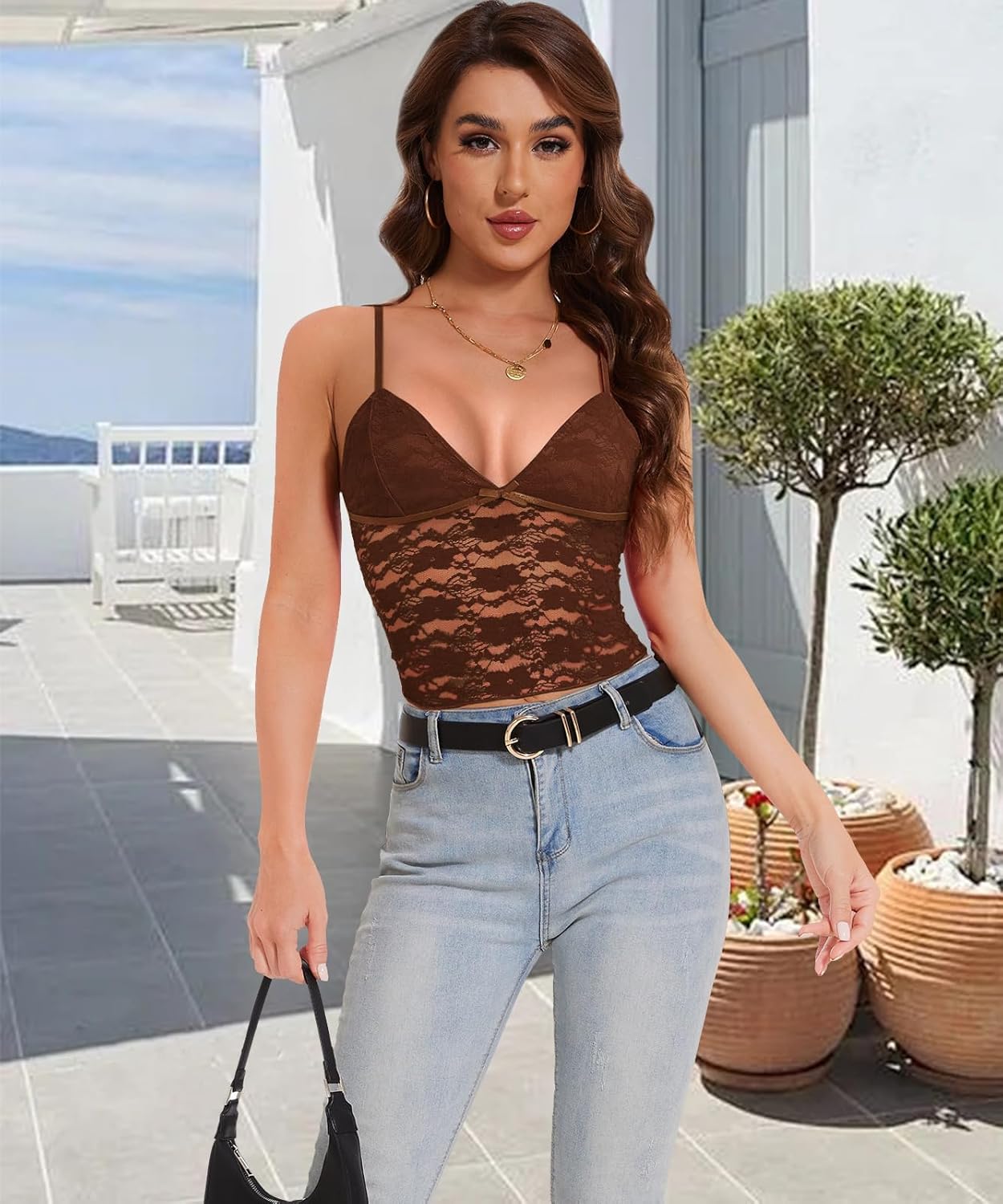 Jenbou Womens Y2k Lace Cami Tank Tops Going Out Crop Tops Spaghetti Strap Mesh See Through Camisole Summer Casual Tops - Image 2