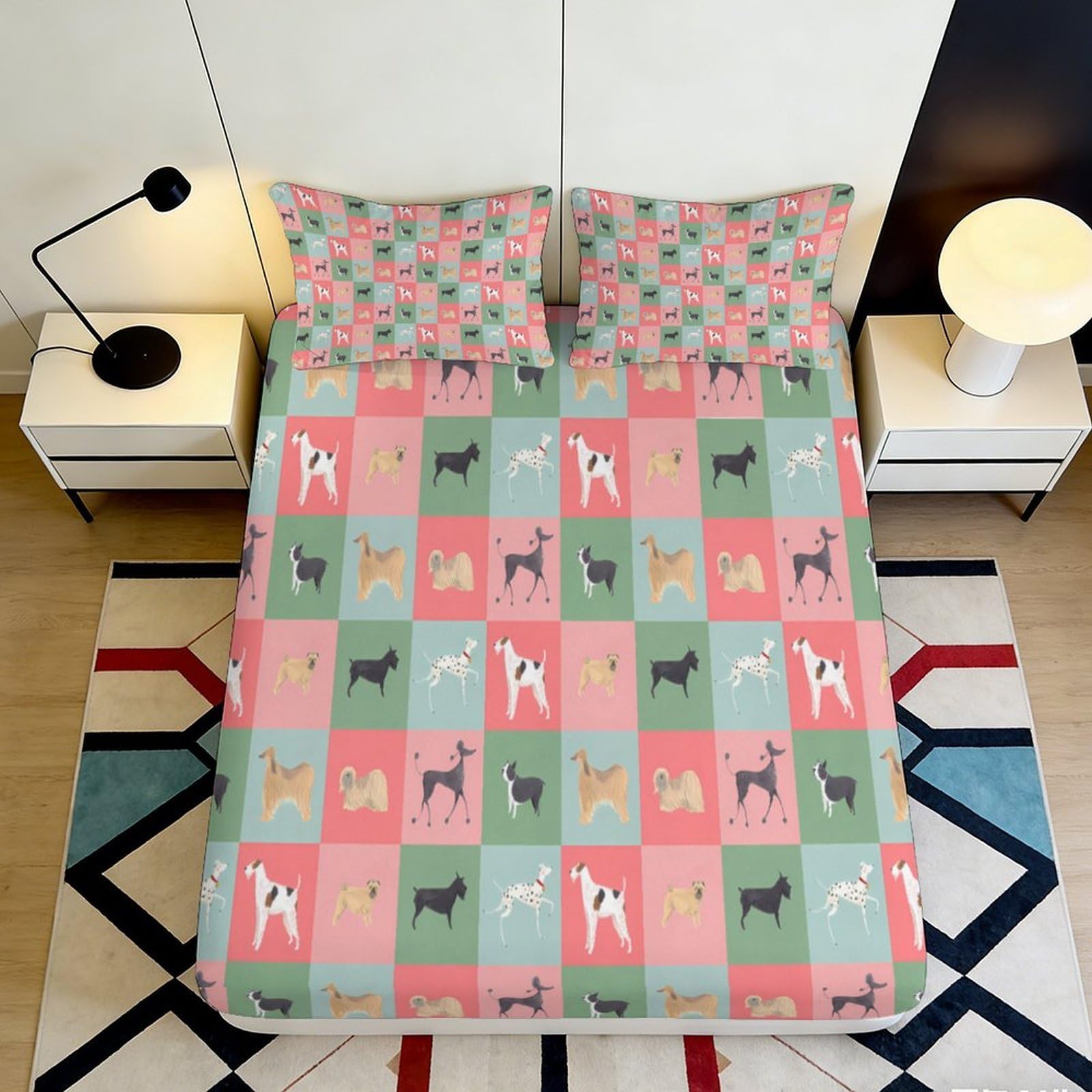 3D Printed Colorful Dog Pattern Fitted Sheet Microfiber Soft Breathable Checkered Puppy Bed Sheet for Bedroom Dormitory Guest Room Mattress Cover 90x200x25cm