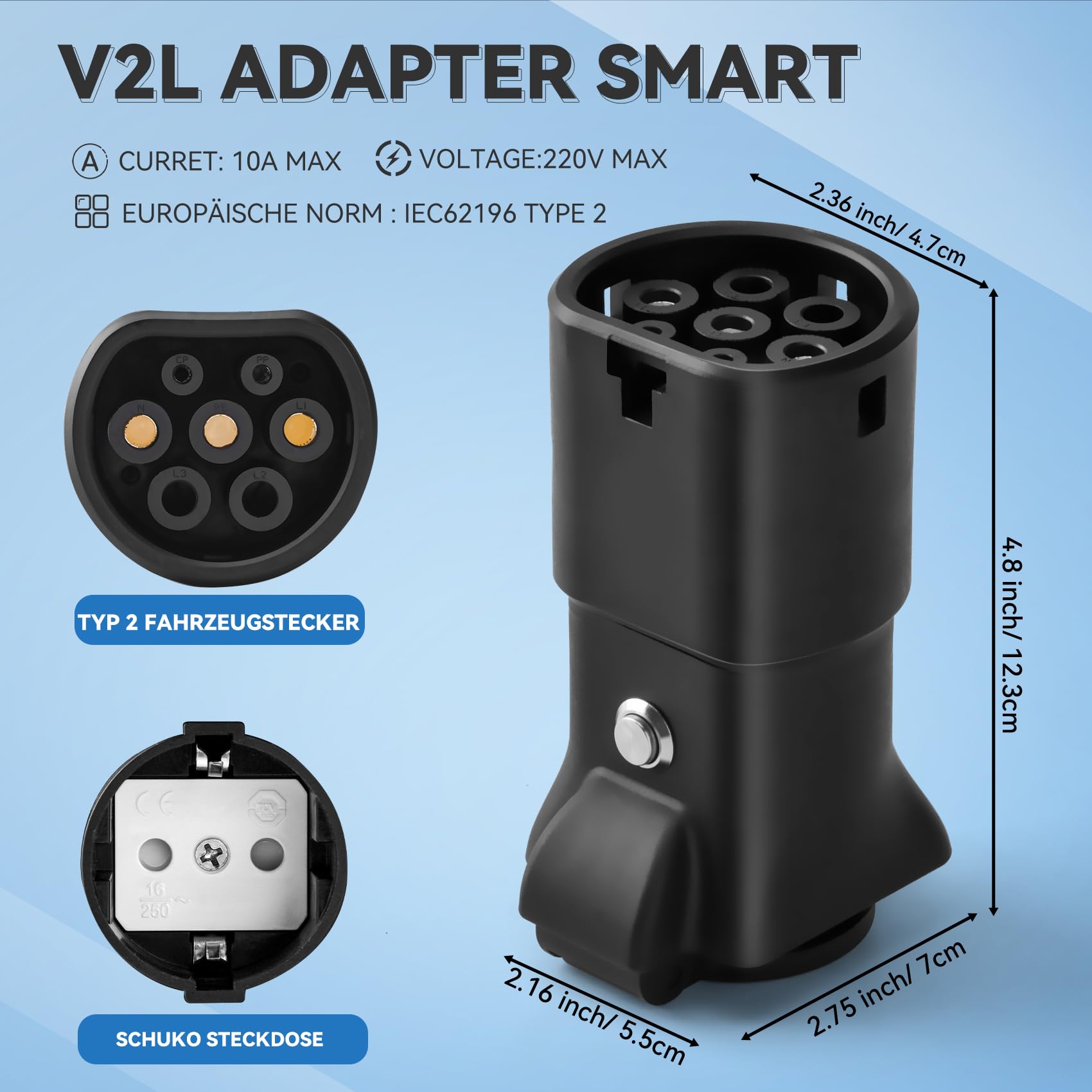 JULIK Adaptador V2L para Smart #1 Smart #3 y Smart #5 – 3.5kW 16A 230V Descarga Externa EV a Enchufe Schuko – para Emergencias y Camping