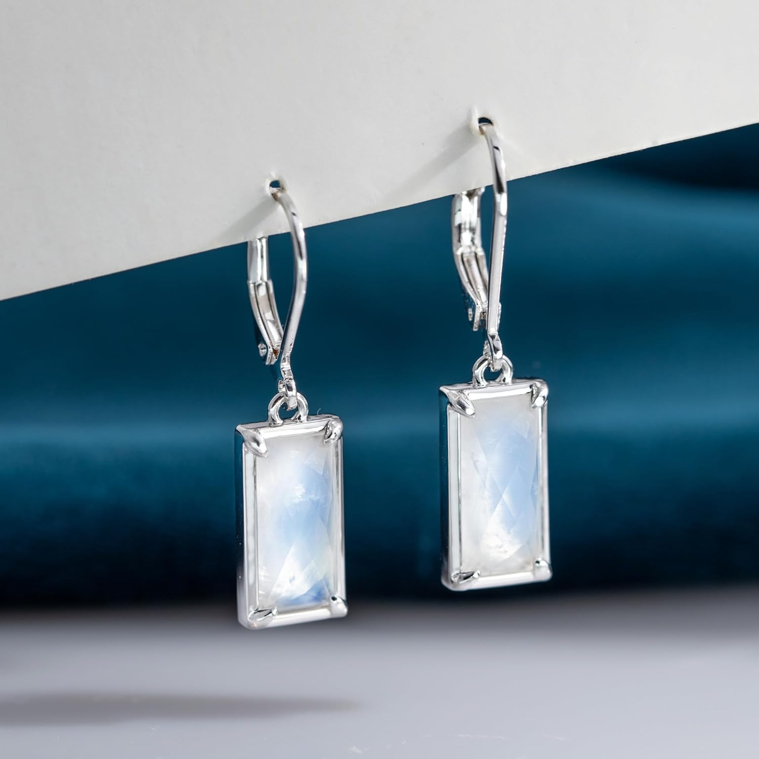 Moonstone Earrings 925 Sterling Silver Rectangular Moonstone Dangle Drop Earrings Natural Gemstone Jewelry for Women - Image 6
