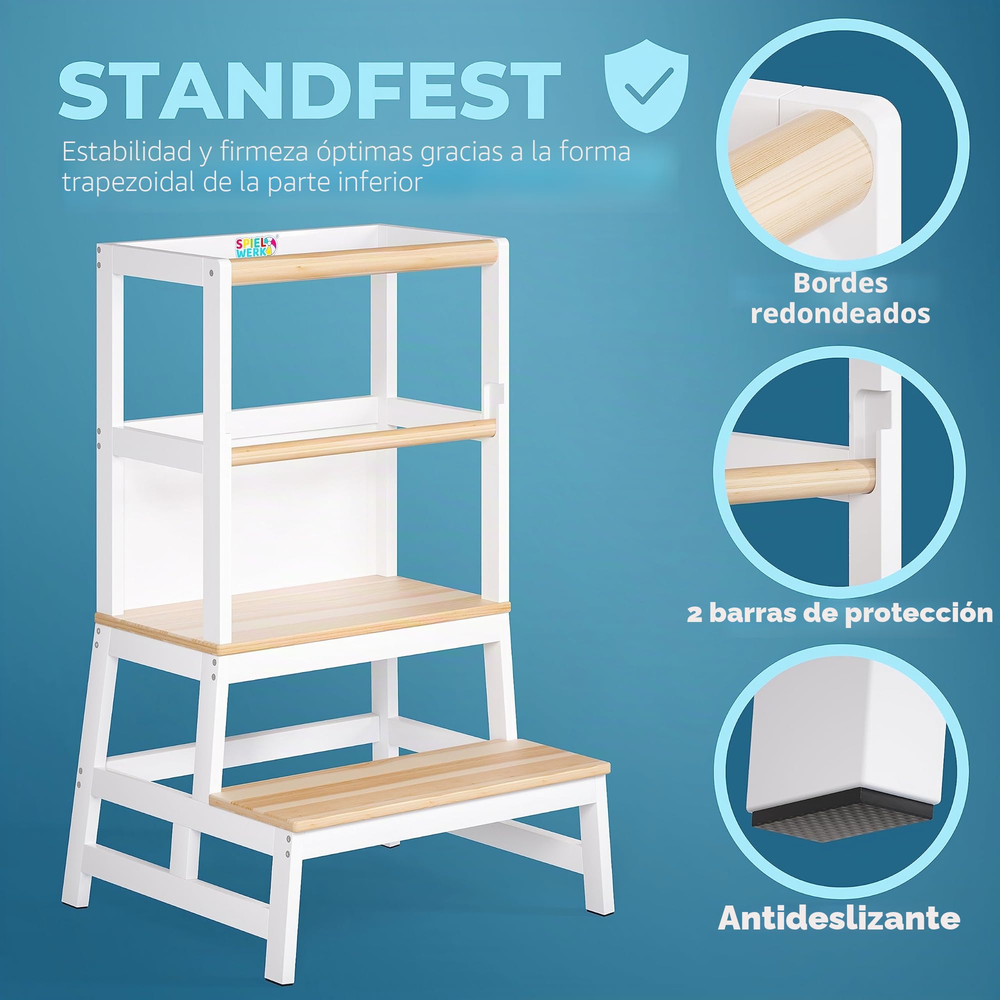 SPIELWERK® Torre de Aprendizaje Montessori Niños 100Kg Taburete Infantil 93cm Antivuelco Madera Pino Blanco