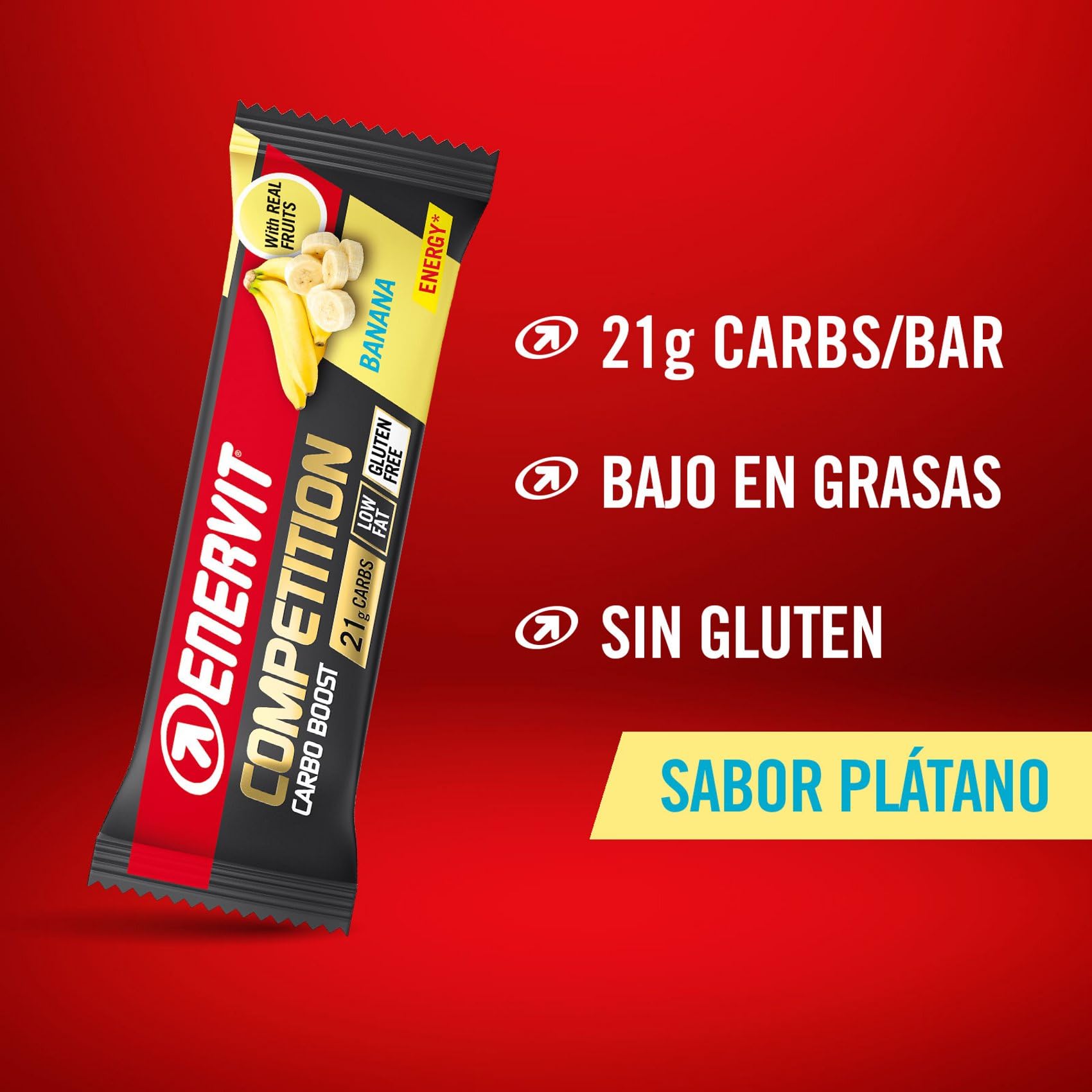 Enervit Competition Bar Plátano, Barritas Energéticas con Trozos de Plátano, Fórmula Técnica, Para Actividades de Alta Intensidad, 22g de Carbohidratos, Sin Gluten, 12 Barritas de 30g