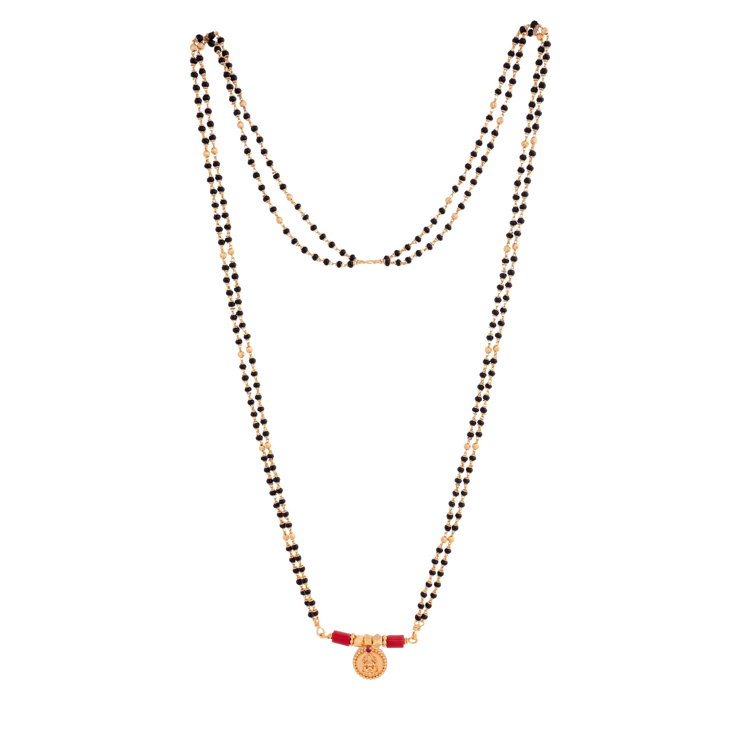 Mangalsutra with black beads (7+1) double line gold plated copper chain 30" length and vati tanmaniya one gram gold No.1254 for women-image-42