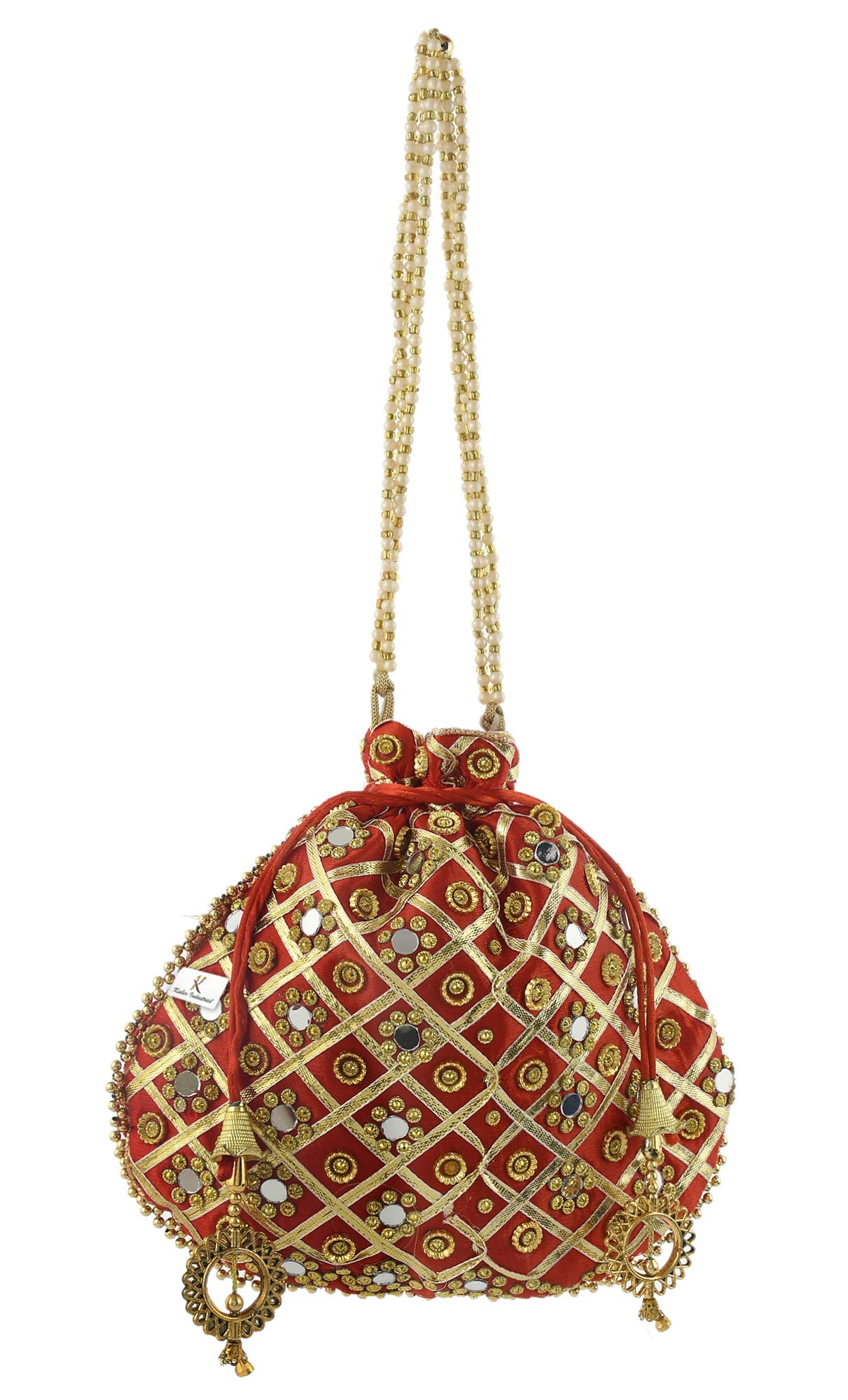 Indian Collectible - 2 piezas de mano de mano con espejo tradicional de seda para novia, casual, fiesta, boda (dorado y rojo) - KUBMART11508, Multi