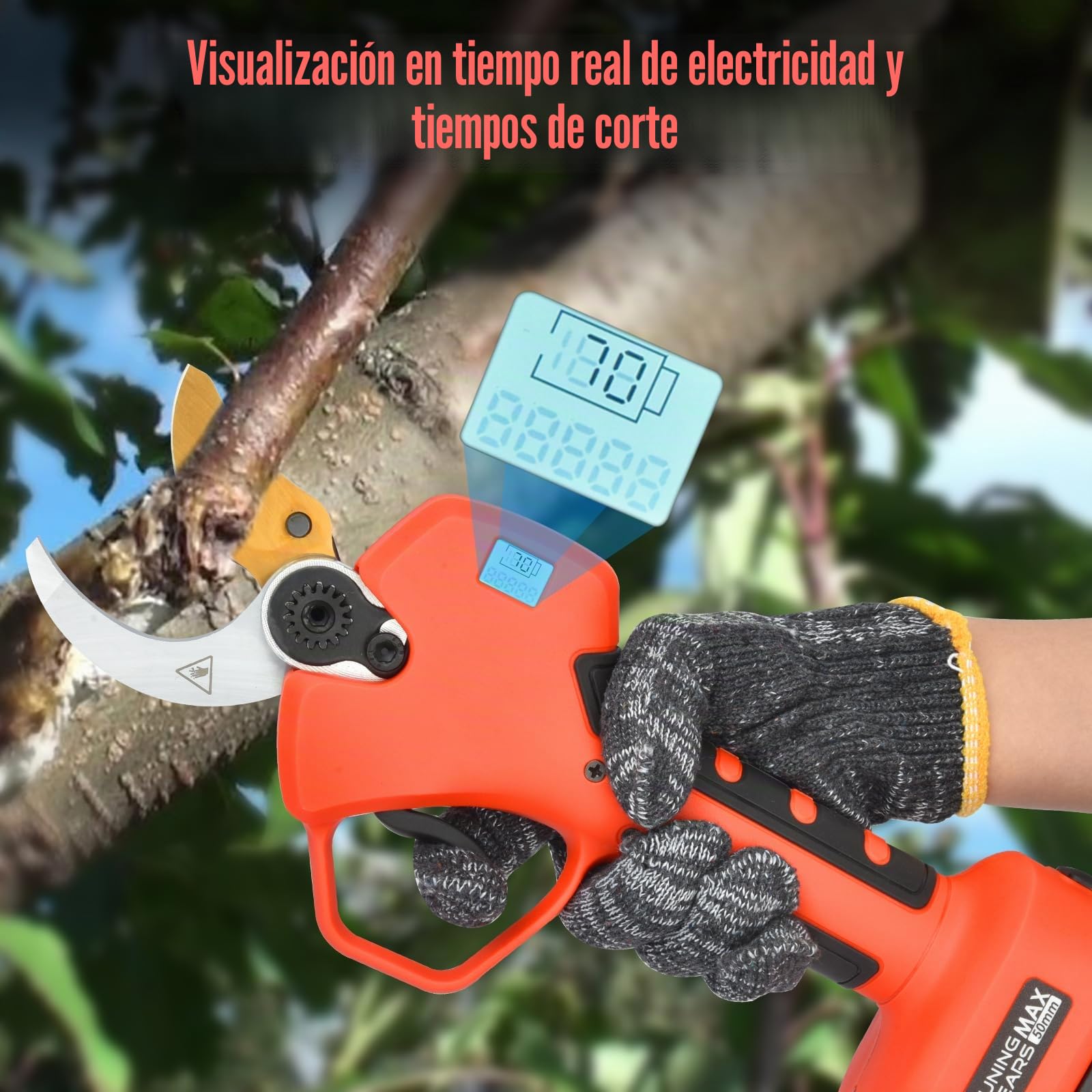 Tijeras de Podar Eléctricas, 50mm Tijeras De Podar Bateria con Display, Baterías 2x2000mAh, Tijera Podar Profesionales 800W con Motor Brushless para Jardinería, Árboles Frutales, Viñedos