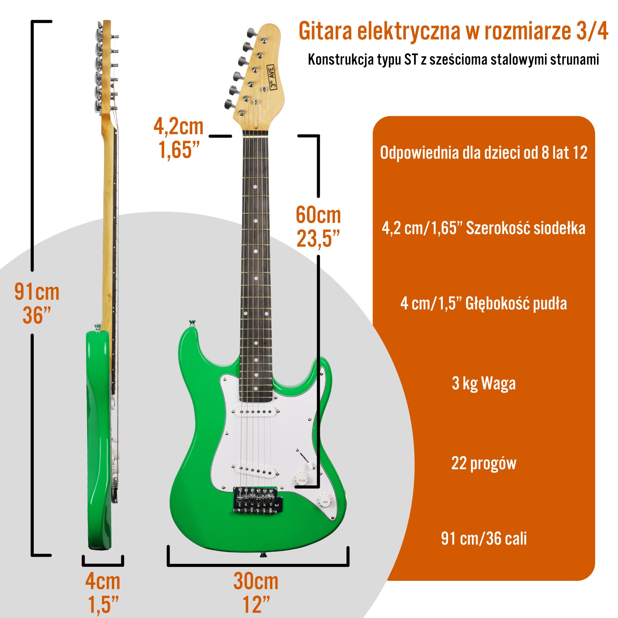 3rd Avenue Zestaw gitary elektrycznej, w rozmiarze 3/4 ze wzmacniaczem 10-watowym, kablem, statywem, futerałem, paskiem, zapasowymi strunami, kostkami, kapodastrem – w kolorze Zielony
