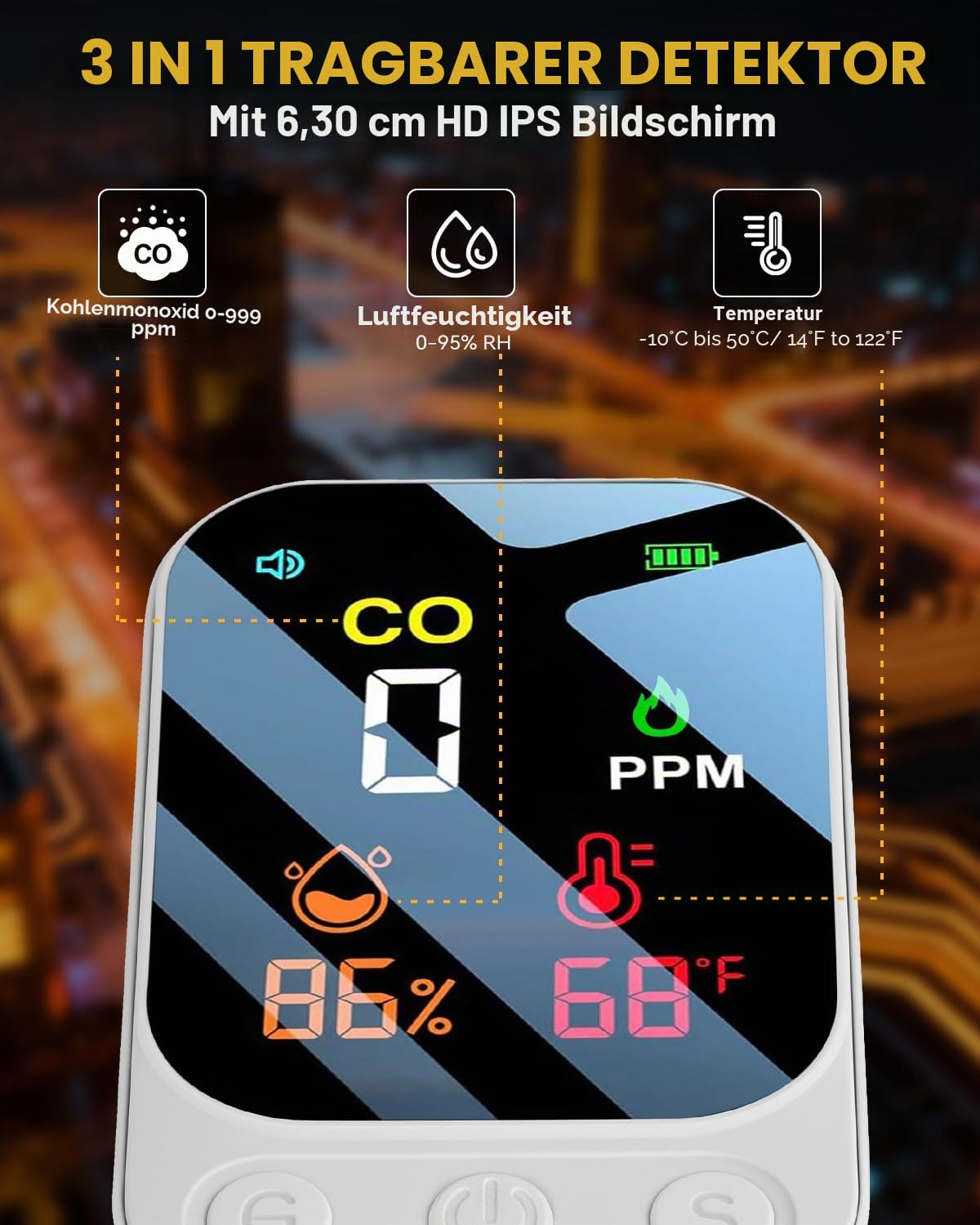 3 in 1 Kohlenmonoxid Melder Co Messgerät Co Melder Zum Mitnehmen Mit Temperatur Luftfeuchtigkeit Akustischer und Optischer Alarm 168 Stunden Standby für Reisen Zelt Camping Wohnmobil
