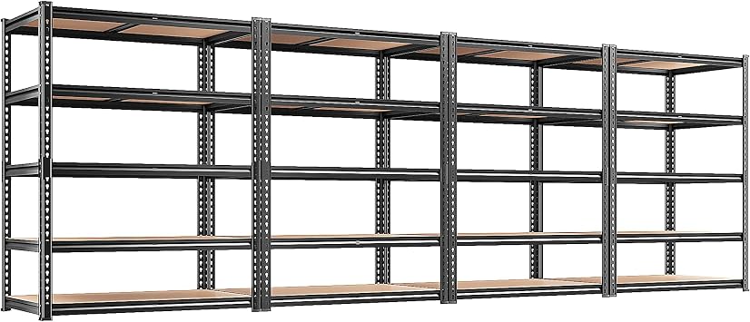 REIBII 2400LBS Storage Shelves 5 Tier Garage Shelving Heavy Duty, Adjustable Metal Shelving, Garage Shelves for Basement, Warehouse, Pantry, Closet, Kitchen 72" H x 35.55" W x 16" D, Black, 4 Pack