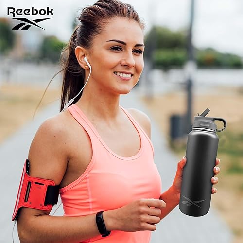 Miniatura 7 de Reebok Botella de agua de acero inoxidable con popote y diseño atlético, botellas de agua aisladas de 32 onzas, botella de agua deportiva aislada al