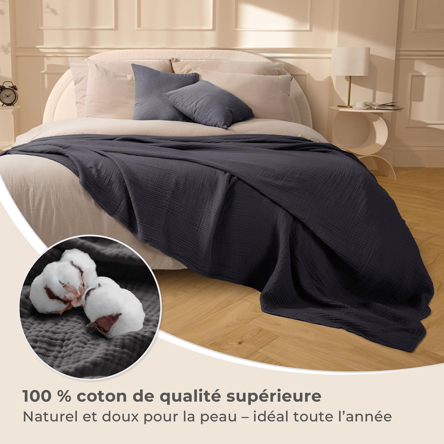LAYNENBURG Premium Plaid canape Grande Taille en Mousseline 100% Coton – Couvre lit Respirant 4 Couches, Plaid Grande Taille, Jeté de canapé - Couverture légère 150x200 cm de Anthracite