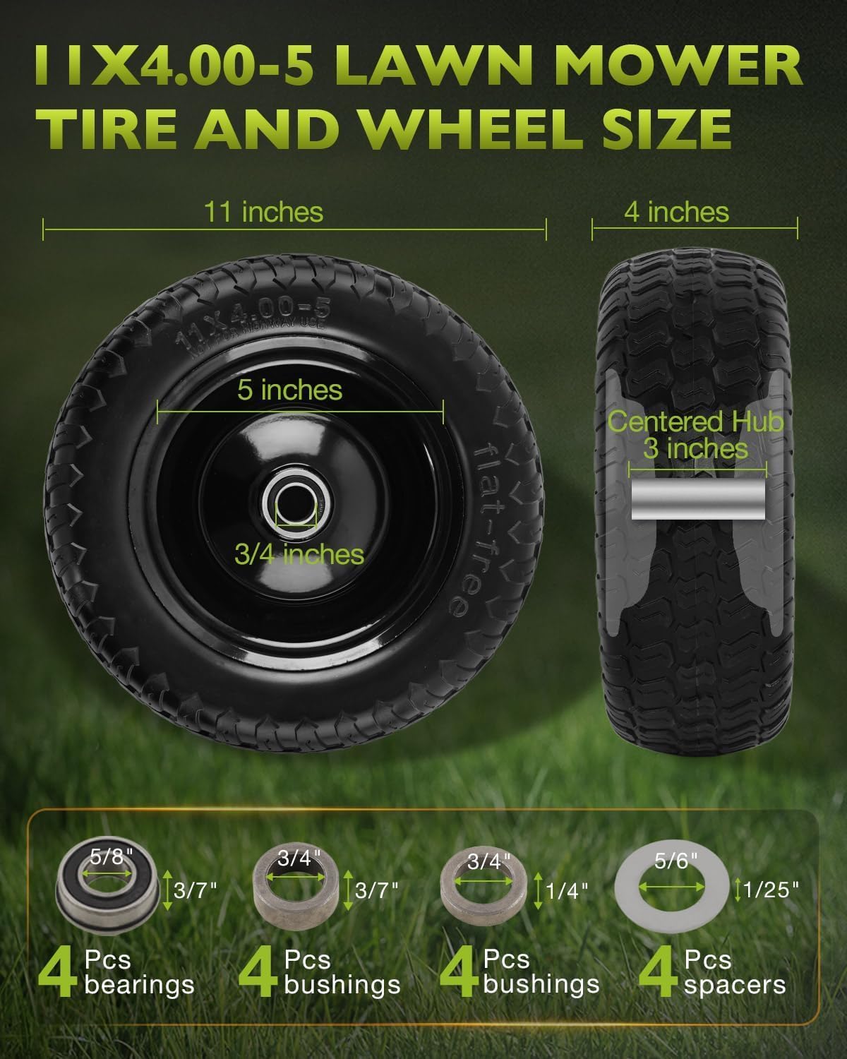 HQPASFY 11x4.00-5 Flat Free Tire and Wheel Assembly, 3/4" Bearing with Extra 5/8" Bearings, 3" Centered Hub, Includes Bushings & Spacers, 2 Pcs