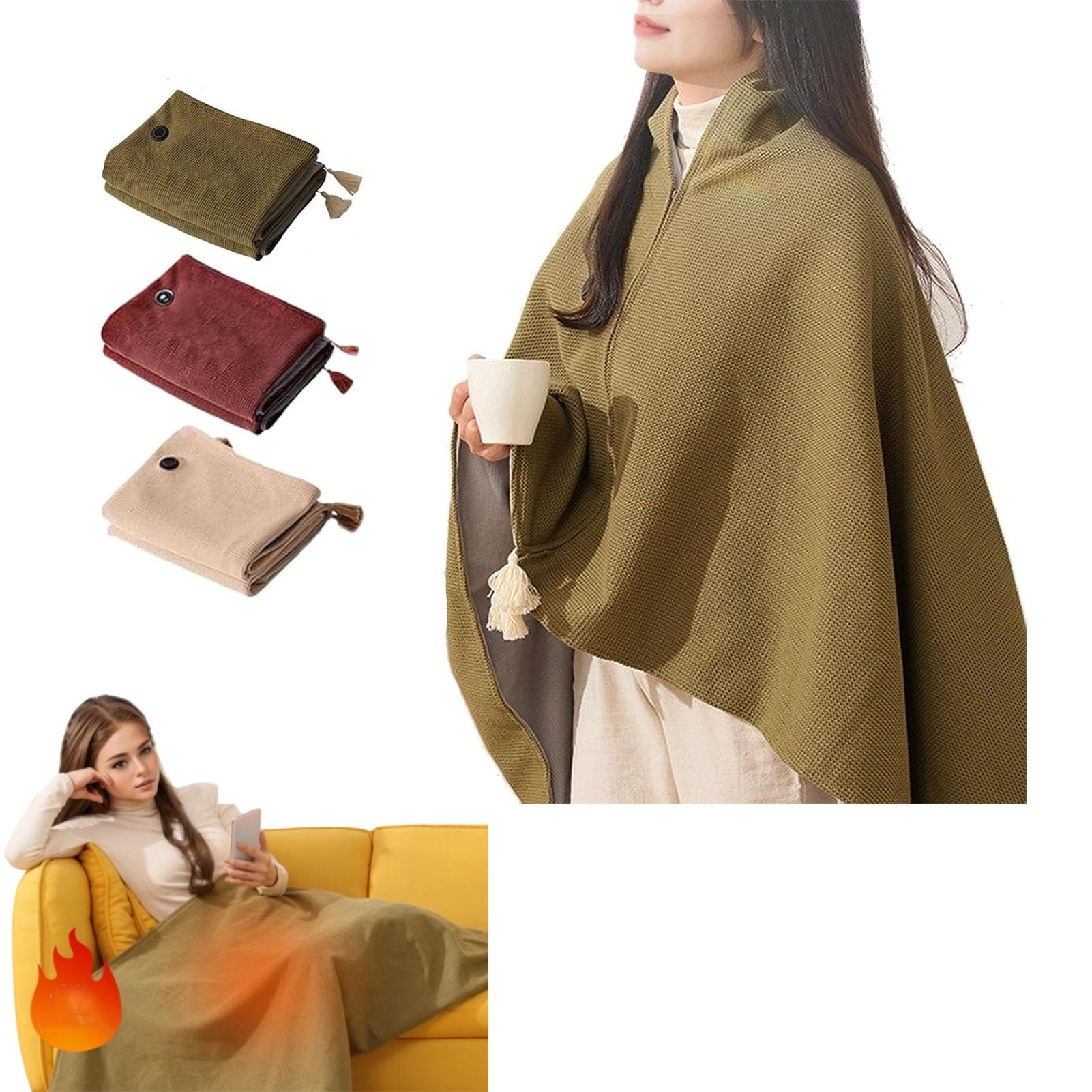 Châle chauffant portable, couverture chauffante USB portable for femme, avec 3 niveaux de chauffage, chauffage rapide en 15 secondes, châle chauffant portable à fermeture éclair douce for femme(Green)