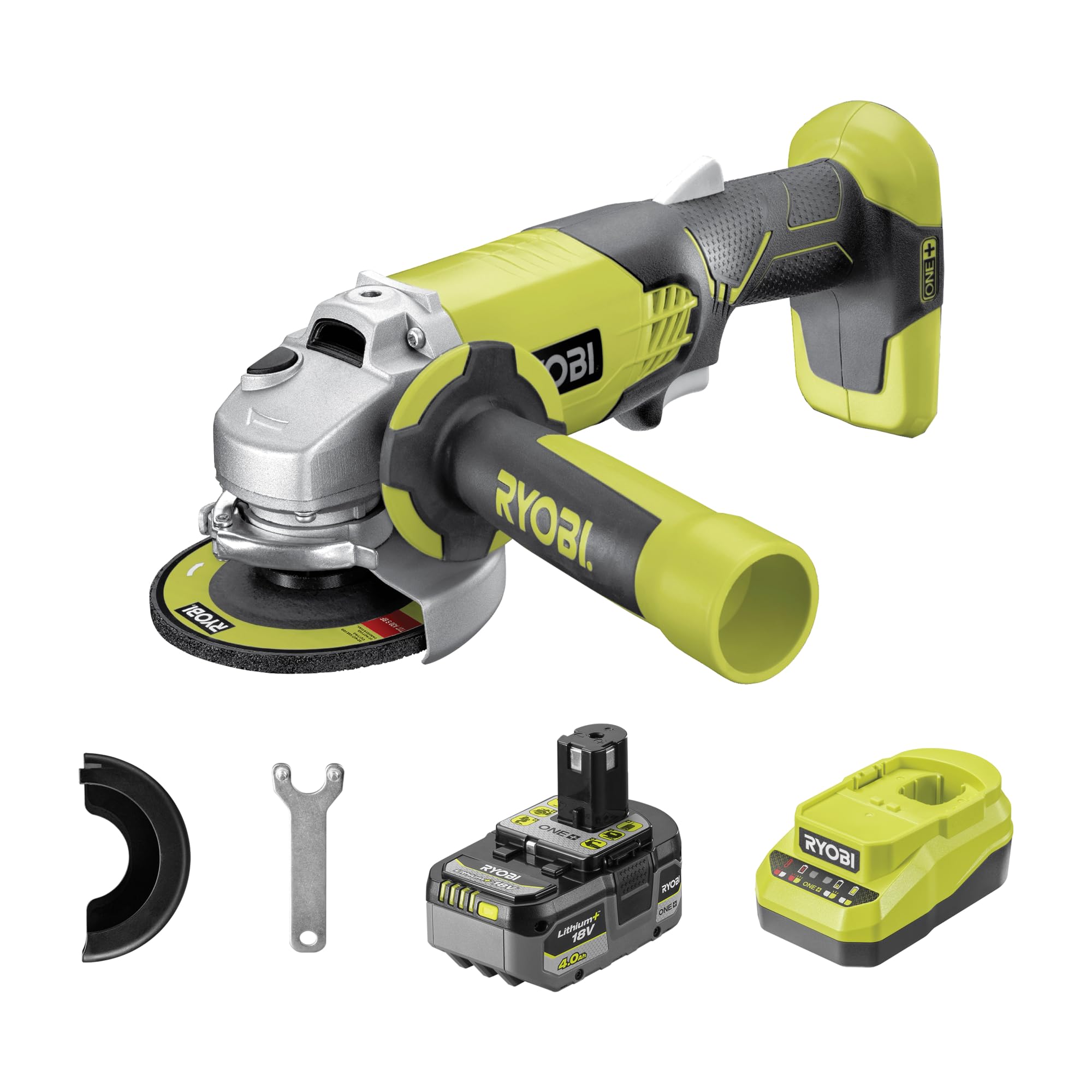Ryobi Smerigliatrice Angolare a Batteria 18V ONE+, Disco 115 mm, 7500 giri/min, con Batteria 4.0Ah e Caricatore, R18AG-1C40GP