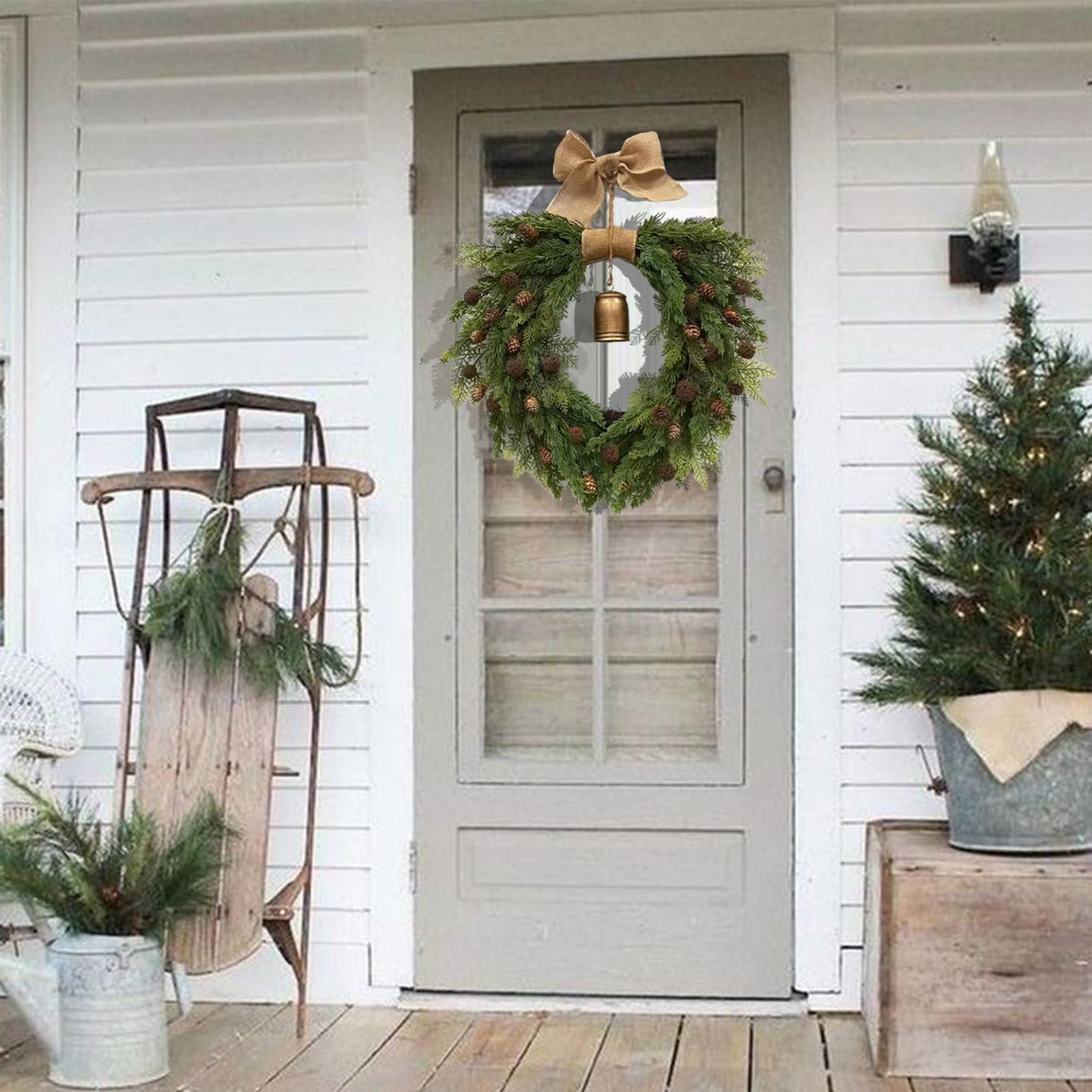 Adventskranz Künstlich, mit Tannenzapfen, Juteschleife und Metallglocke, Türkranz Weihnachten für Haus, Veranda und Fenster(3PCS)