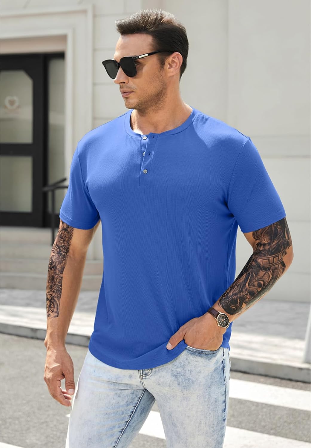 JMIERR Men's Muscle Slim Henley Shirts Crewneck Longline T-Shirt Gym Workout Athletic Shirt Tees with Button - Image 3