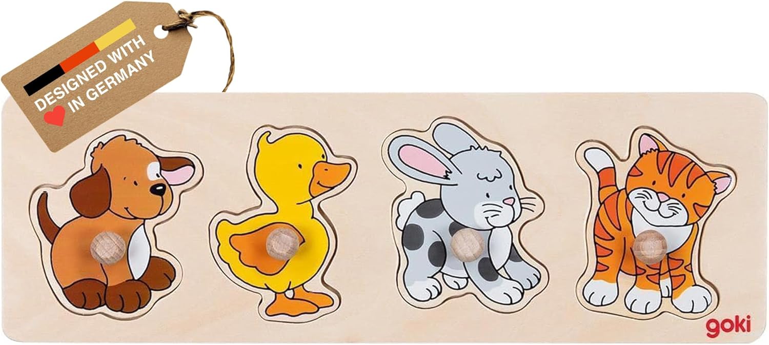 GOKI Wooden Peg Puzzle for Toddlers – Montessori Inspired Learning Toys for Toddlers I Farm Animals Knob Puzzle Ages 1+ Develops Fine Motor Skills and Shape Recognition I Designed with Love in Germany