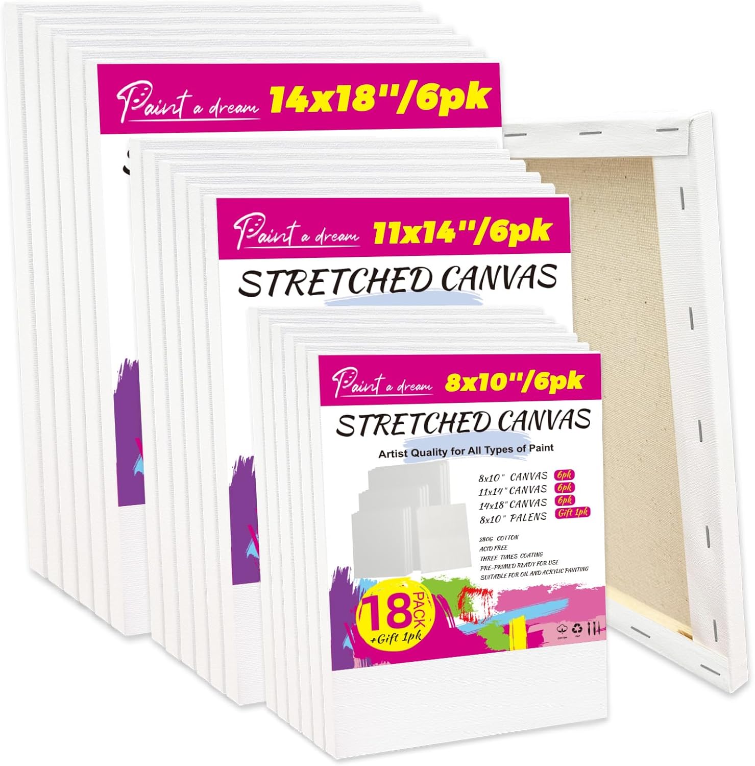 18 Pack Stretched Canvas Set for Painting Party with 8x10, 11x14, 14x18, 6 of Each, 100% Cotton Acid-Free Painting Canvas, 5/8" Profile 12oz Primed Art Canvas for Acrylic,Oil Paints