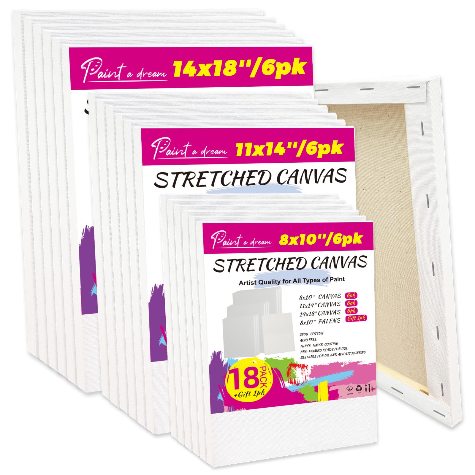 18 Pack Canvases for Painting with 20x25cm, 28x35cm, 35x45cm, 6 of Each, 5/8" Profile 12 oz Primed Stretched Canvas - 100% Cotton Painting Canvas Framed, Blank Canvas for Oil & Acrylic Paints