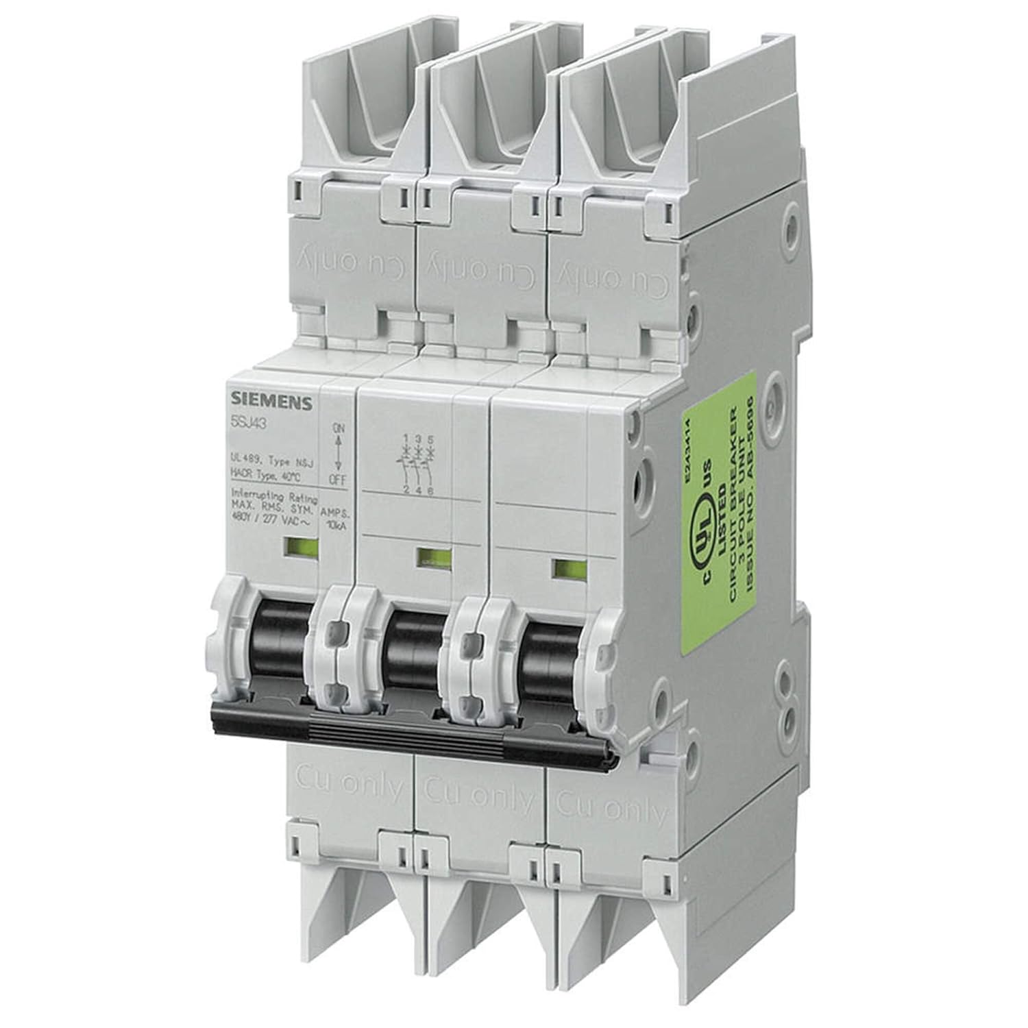 Siemens 5SJ43028HG42 Miniature Circuit Breaker, UL 489 Rated, 3 Pole Breaker, 2 Ampere Maximum, Tripping Characteristic D, DIN Rail Mounted, Type NSJ, 480Y/277 VAC, 125 VDC