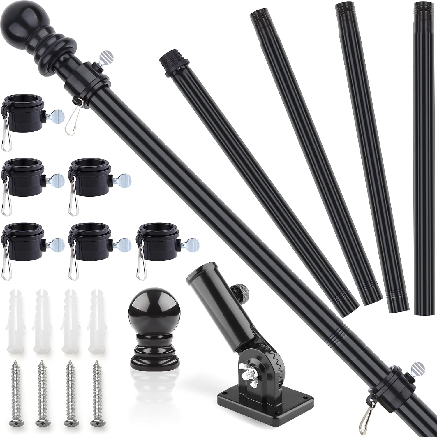 Black Flag Pole, 5FT Residential and Commercial Flagpoles Kit with 6 Tangle Free Rings and Bracket, Stainless Wall Mounted Flag Poles for 2X3 3X5 4x6 American Flag Outdoor Yard Garden House Porch