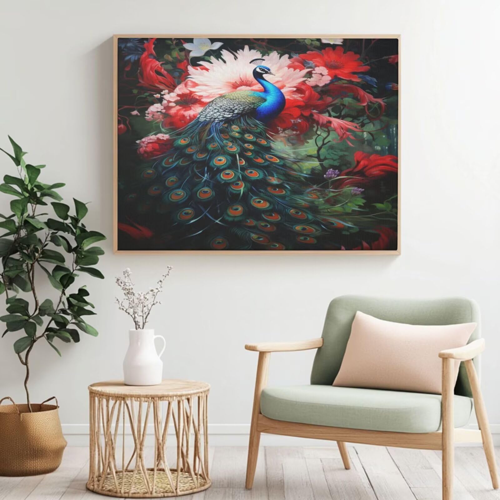 Kit per pittura con numeri per adulti, pavone, pittura a fiori con numeri per principianti, pittura acrilica con 6 pennelli, pittura a olio per decorazione da parete, 95 x 70 cm, senza cornice)