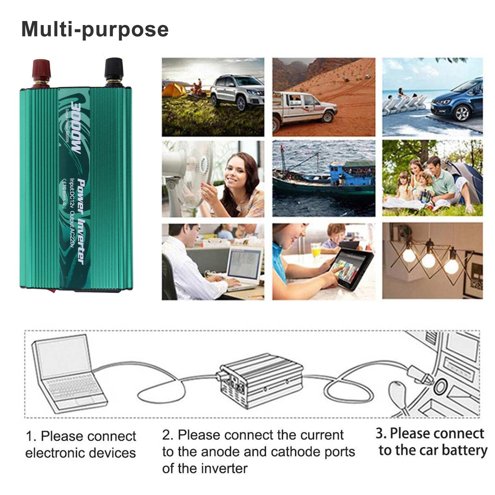 Inversor de 3000 W – DC 12 V a CA 110 V 220 V – Inversor Onsinusoidal modificada – Voltaje de coche adaptador solar para coche camión RV