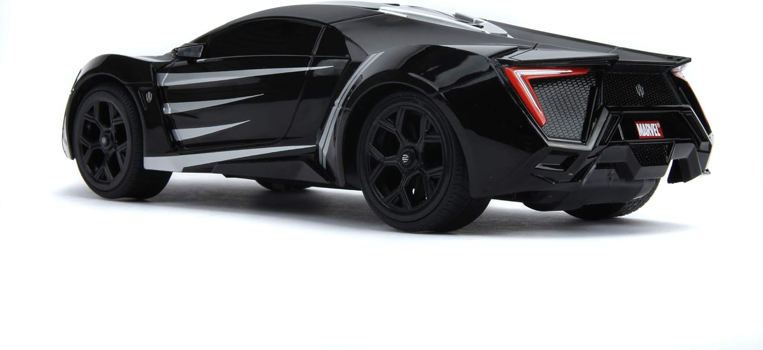 Ẹ̀yìn mẹ́ta-mẹ́rin view of the Black Panther Lykan Hypersport RC car.
