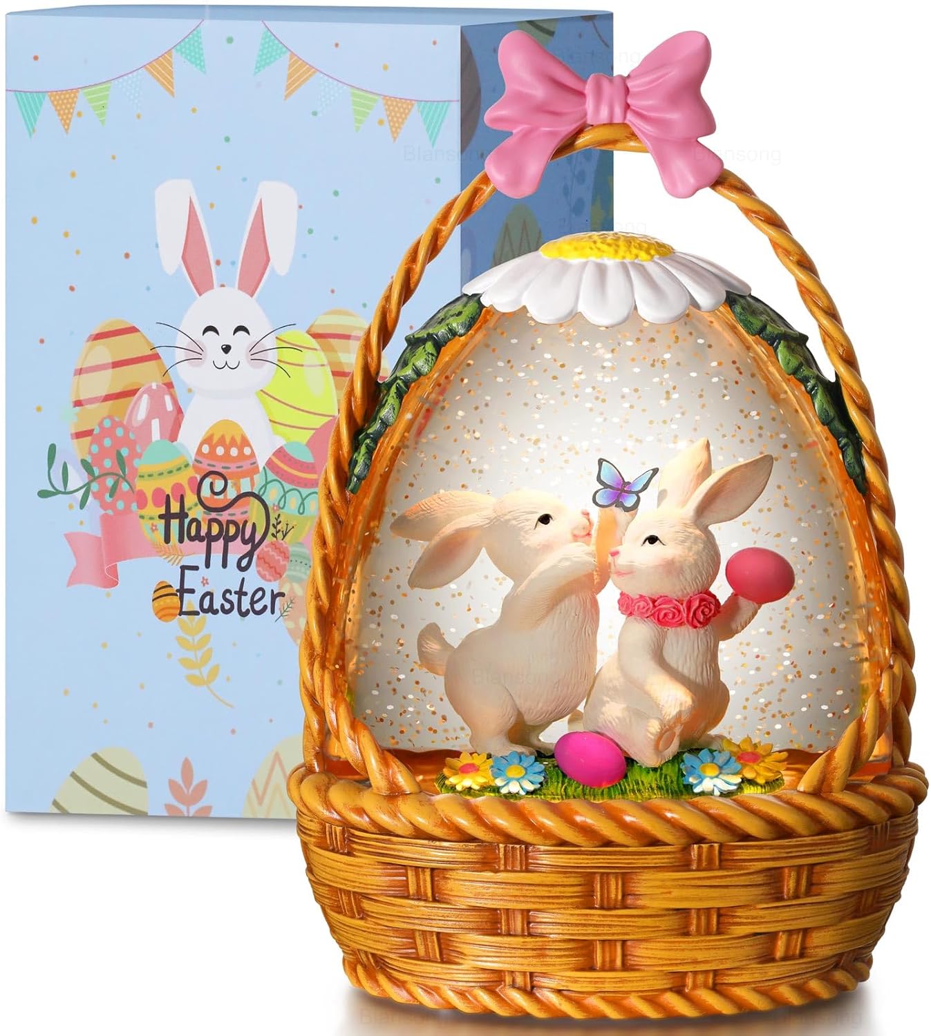 Easter Snow Globe Bunny Snow Globe Basket with Timer, USB and Battery Powered, Easter Decorations for Home Eggs Basket