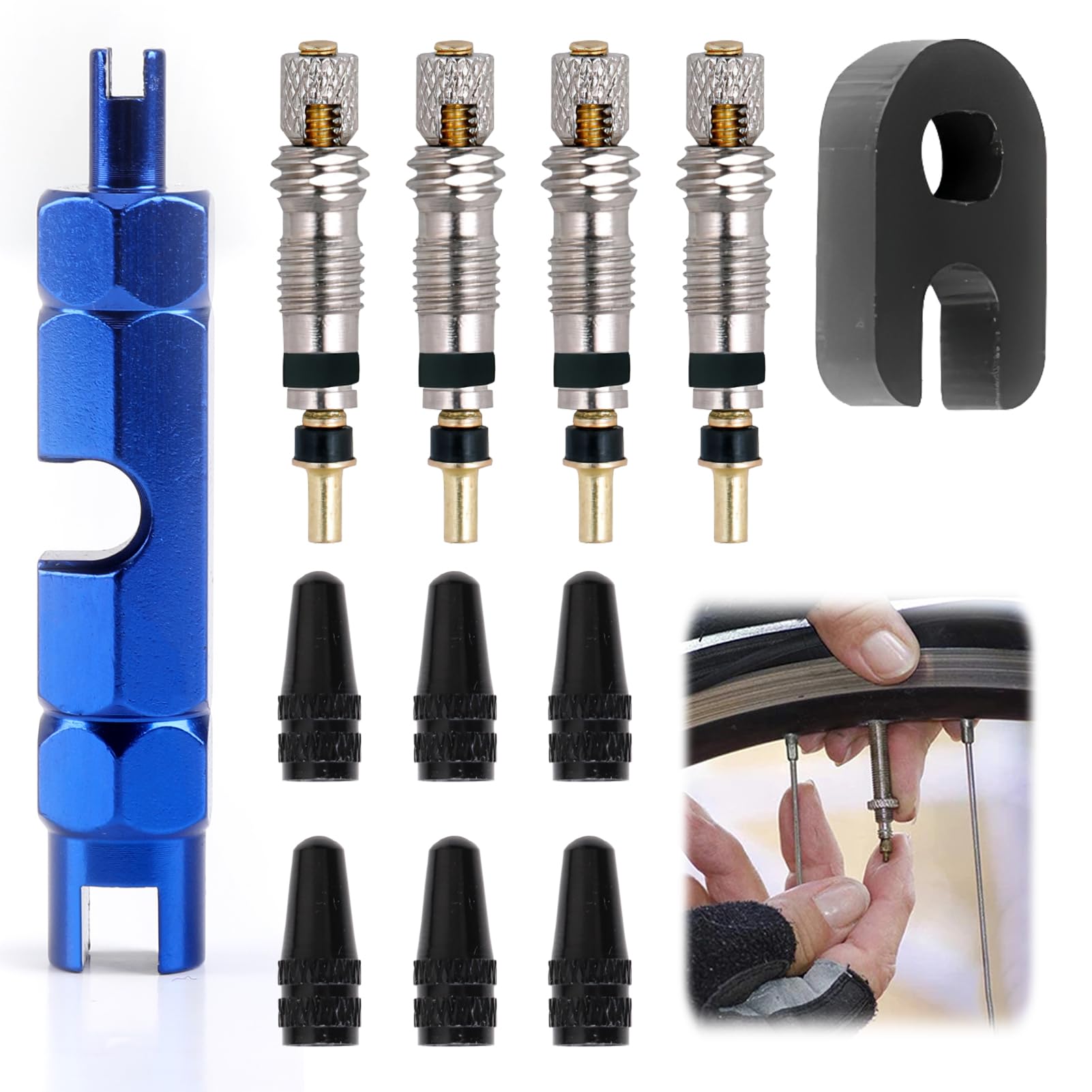 12-teiliges Fahrradventil-Reparaturset - Presta (Französisches) Ventilkerne, Adapter und Werkzeug für Ventileinsatzentfernung, Inklusive Ventilkappen (12 Pcs)