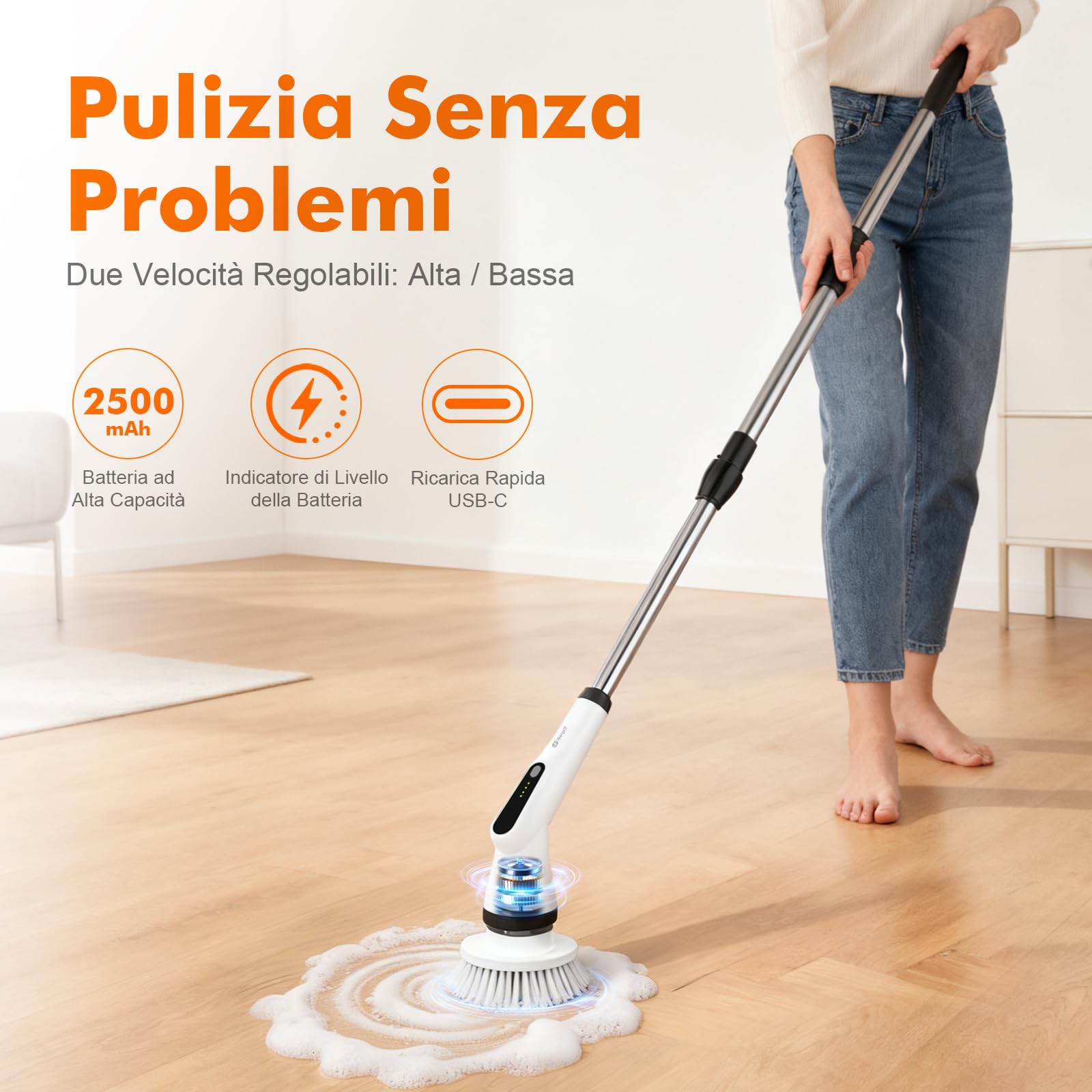 Ibergrif M34104 Spazzola Elettrica Rotante per Pulizia Casa, Spazzola Rotante Pulizia Casa con 6 Testine Sostituibili, IPX7 Impermeabile, Manico Telescopico Regolabile per Bagno, Cucina