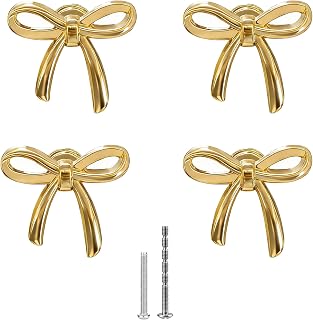 Gold Bow Cabinet Knobs(Set of 4), Brass Drawer Pulls Decorative Bow Dresser Handle Cute Cabinet Pulls for Nursery, Girls' Room & Vanity Bedroom Kitchen Cupboard Bathroom Hardware