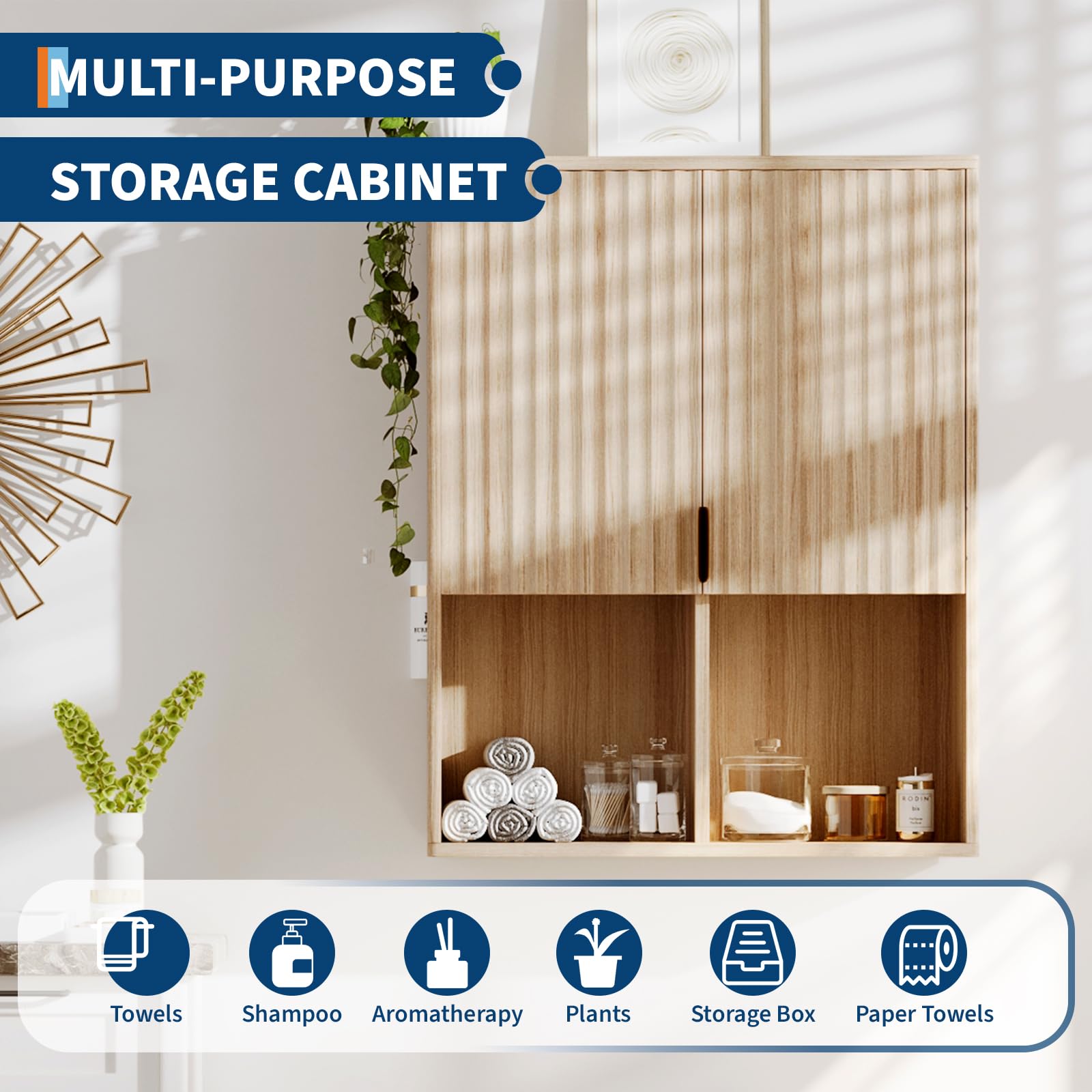GarveeHome Gabinete de baño de Madera Natural montado en Pared - Puertas, estantes Ajustables y Espacio Abierto - Almacenaje Moderno sobre Inodoro para baño, lavandería, Cocina y Sala - Madera