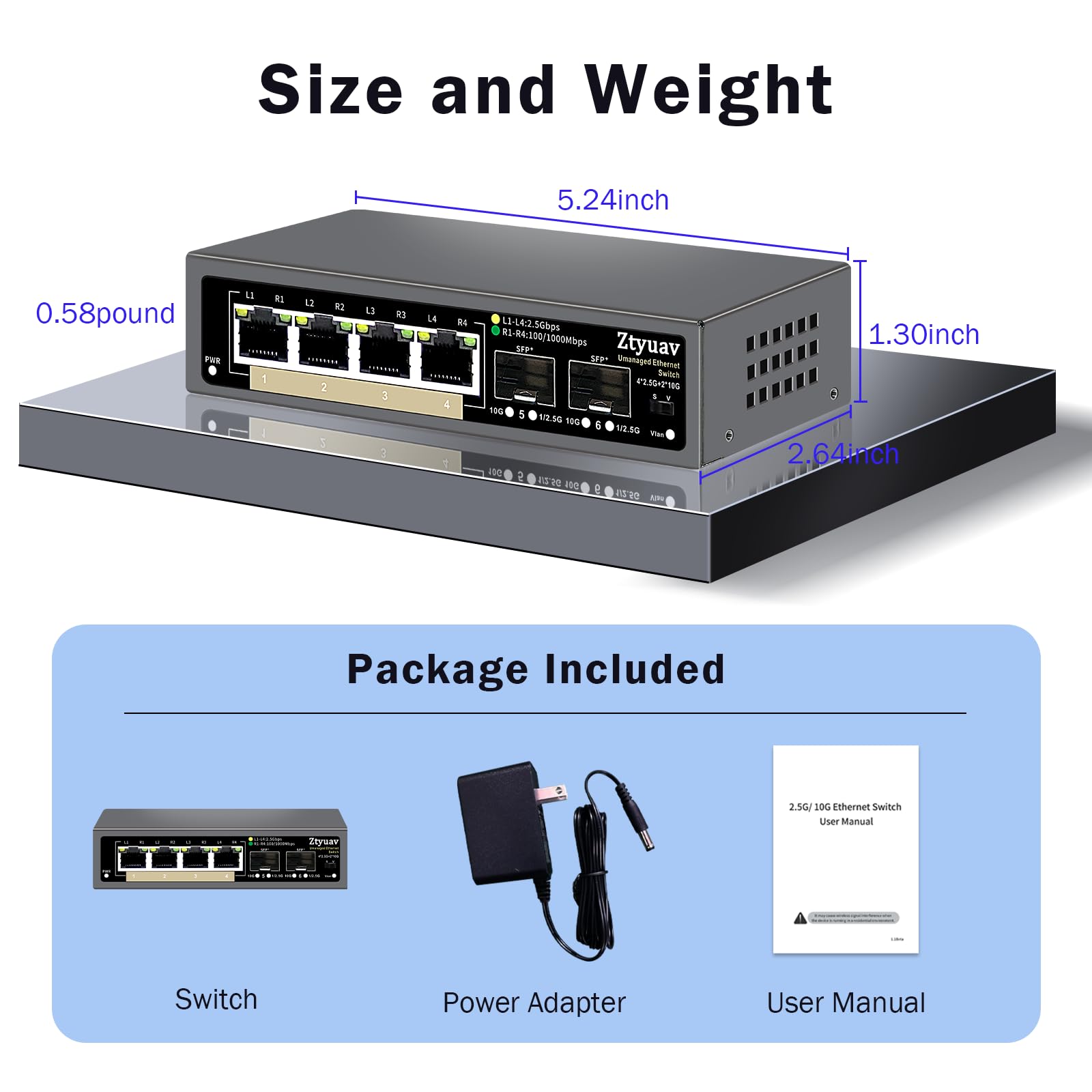 Commutateur Ethernet 2,5 G Non géré à 6 Ports avec 4 Ports RJ-45 Base-T 2,5 G, 2 Ports SFP + 10 G, Vitesse de négociation Automatique 100/1000/2500 Mbps, VLAN à Une Touche, Plug & Play, sans(6)