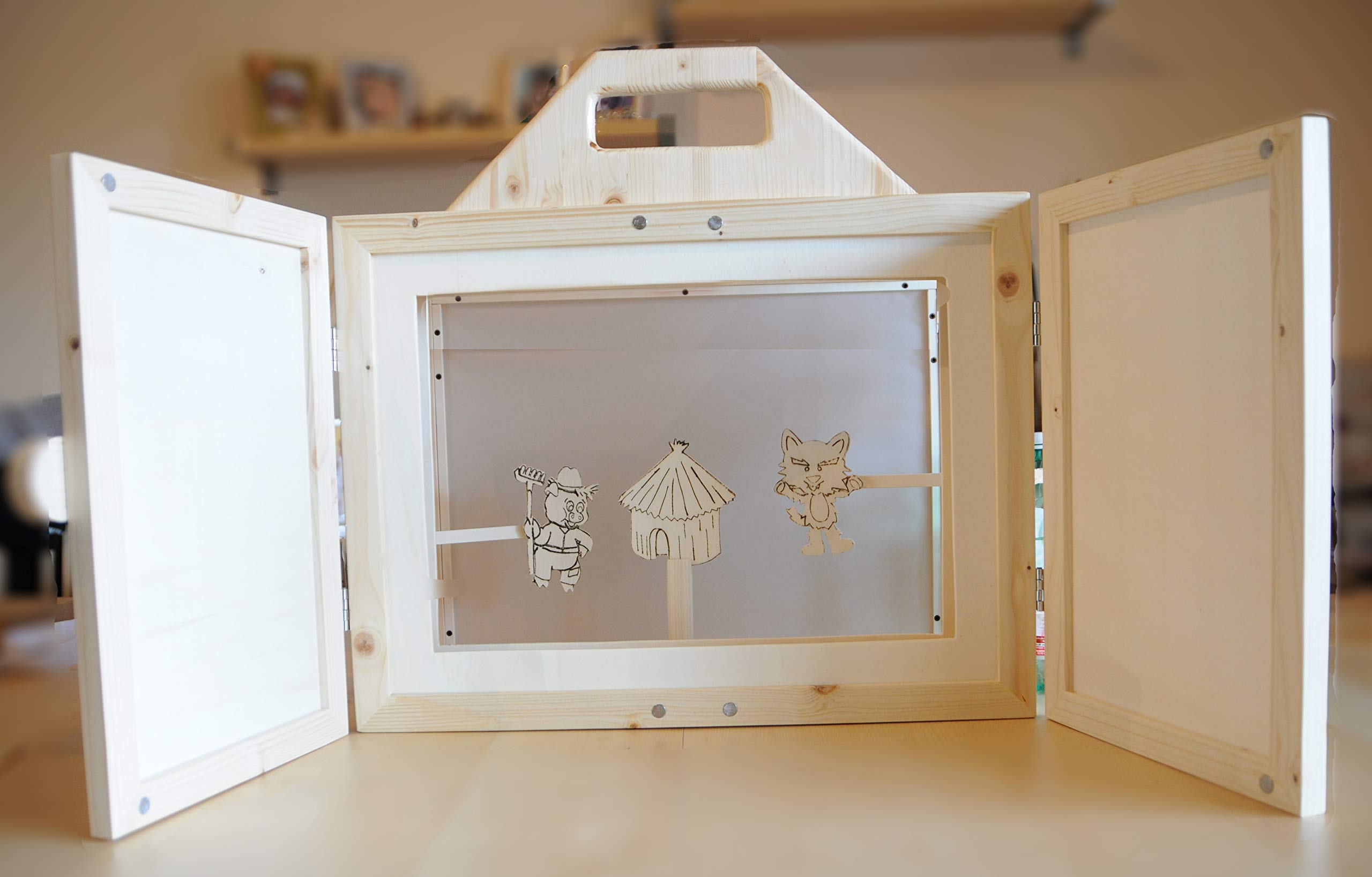 Teatro de madera hecho a mano, juego portátil para niños. Kamishibai. Teatro de Sombras Japonés + Caja con Personajes, Marionetas de Madera "Fábula Los Tres Cerditos".