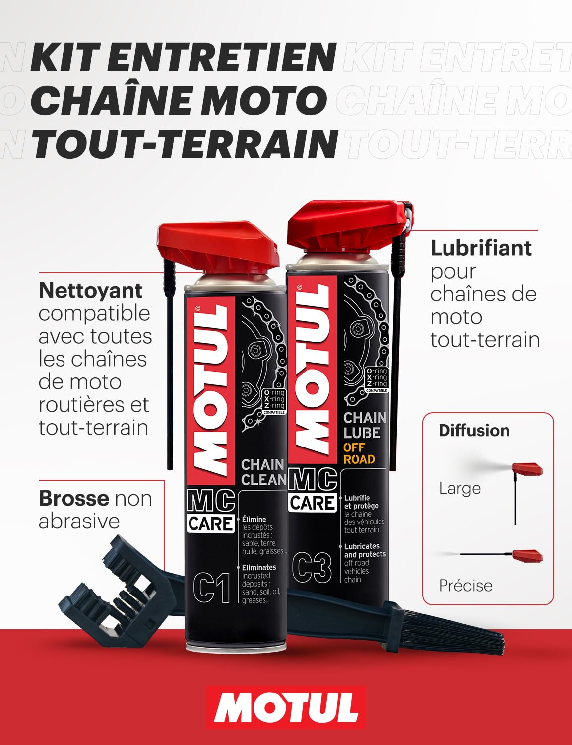 Motul - Kit d'entretien Chaîne Moto Tout-Terrain - Compatible O-Ring, X-Ring, Z-Ring - Nettoyant MC Care Chain Clean C1 400ml + Lubrifiant MC Care Chain Lube Off Road C3 400ml + Brosse Non Abrasive