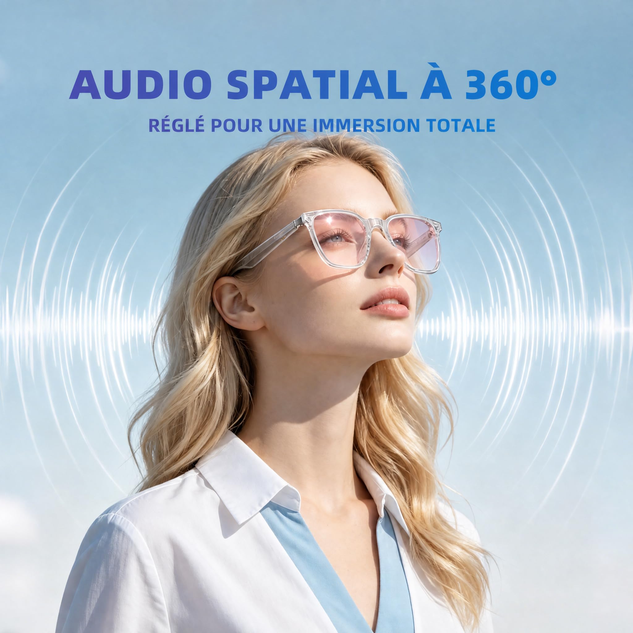 Lunette Connectée Audio Bluetooth 5.4, Appels Mains Libres & Musique, Commande Vocale, Batterie Longue, Lunettes Intelligentes Légères pour Sport Extérieur