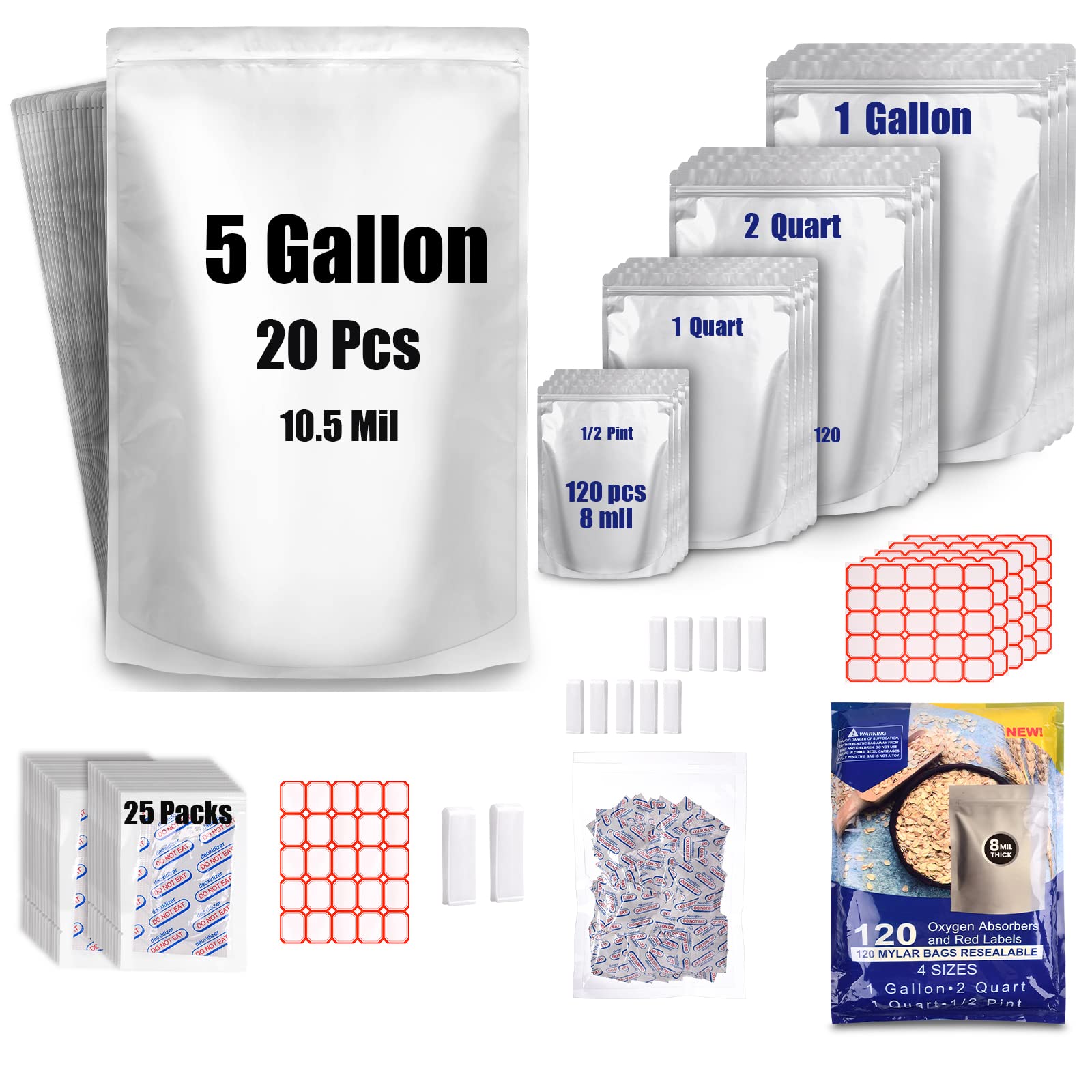 Leboduo120 Reusable Transparent Mylar Food Storage Bags with 10.5 Mil Layered Construction, Zipper Closure, 5 Gallon to 1/2 Pint Sizes, 120 Oxygen Absorbers & 150 Labels