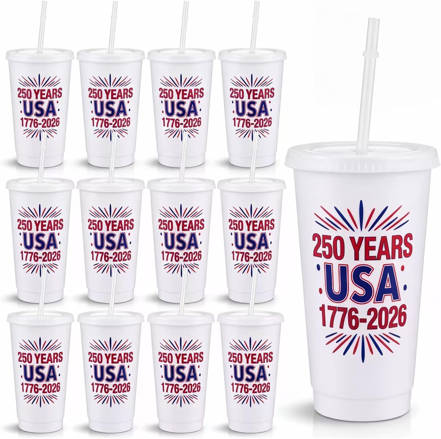Yungyan 24 Pcs 250th Anniversary Reusable PP Cups 16 oz with Lids & Straws American Patriotic Themed Party Supplies for 4th of July Independence Day Memorial Day, USA Themed Gift