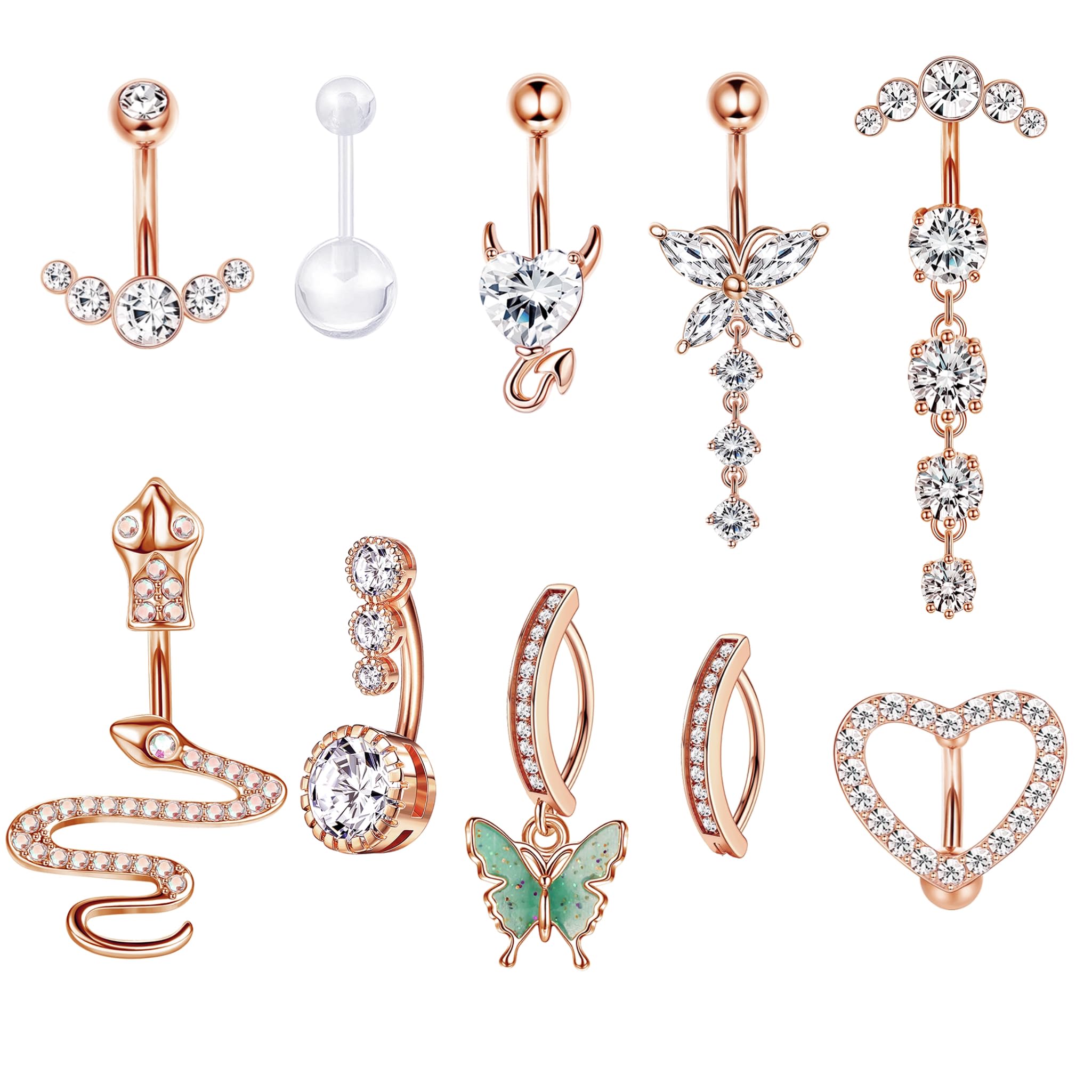 CASSIECA 10Pcs 14G Clicker Anillos de Ombligo Para Mujer Acero Inoxidable Piercing Ombligo Aro Plata CZ Serpiente Mal de Ojo Corazón Claro Dangly Barras de Ombligo Corporal Piercing Joyas para Mujer