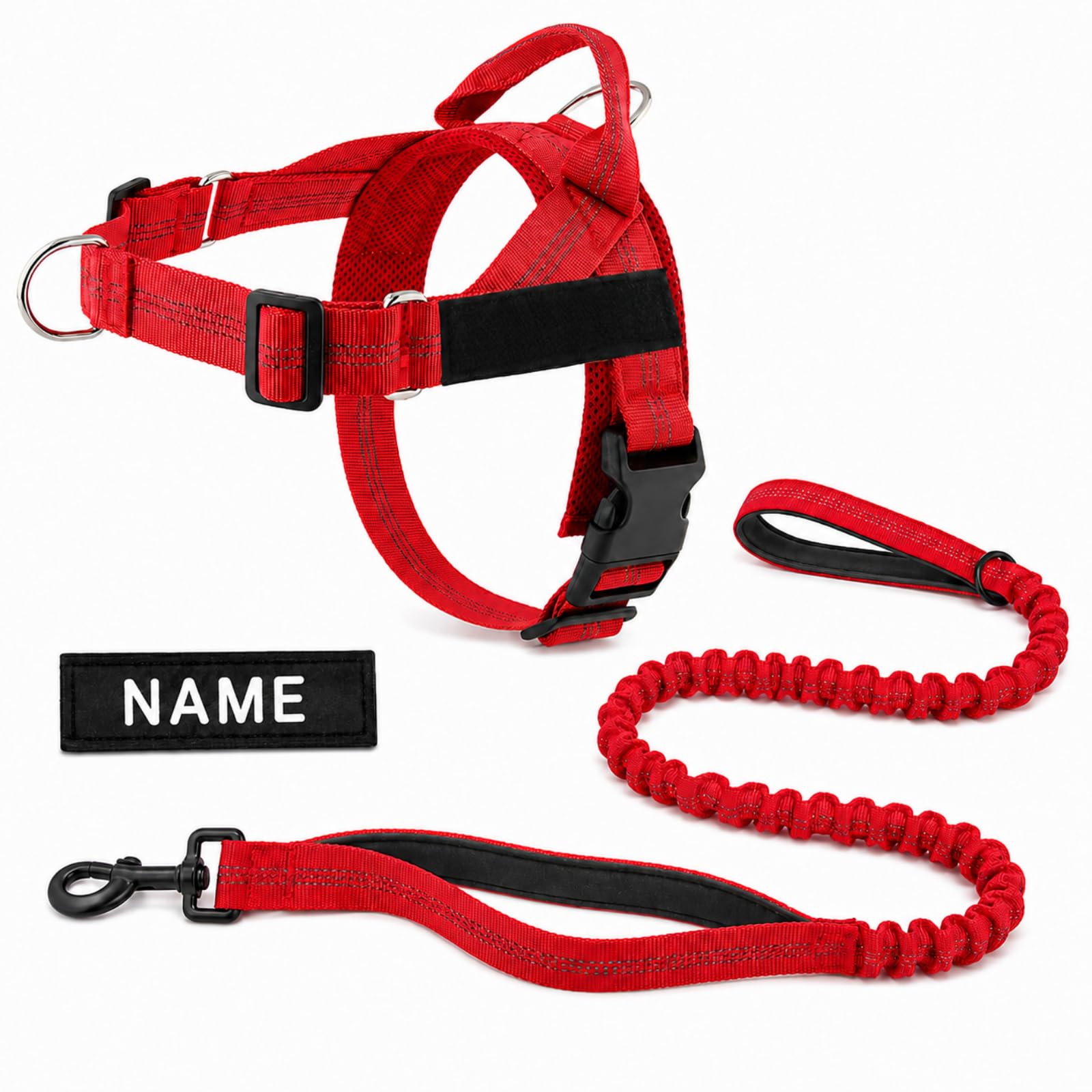 No Pull Dog Harness and Lead Set, Adjustable Padded Walking Vest with Bungee Dog Lead, Personalised Name Patch, Front & Back D-Rings, Reflective Harness for Small Medium Large Dogs — image 1