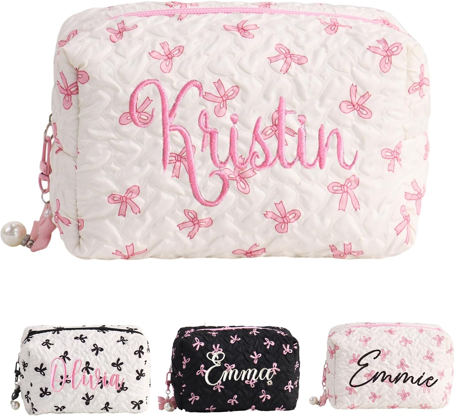 Personalized Bow Quilted Makeup Bag with Embroidered Name, Custom Toiletry Cosmetic Pink Pouch for Girl, Monogram Travel Organizer for Women Bachelorette Party Bridal Wedding & Birthday Christmas Gift