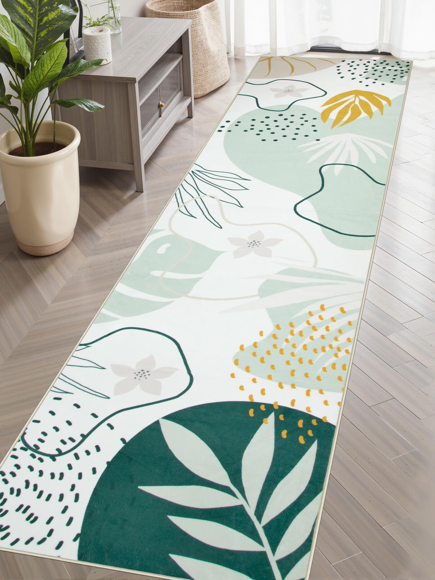 Lahome Green Runner Rugs for Hallway 2x10, Extra Long Washable Non-Slip Kitchen Rug Lightweight Stair Carpet Runner, Boho Botanical Print Soft