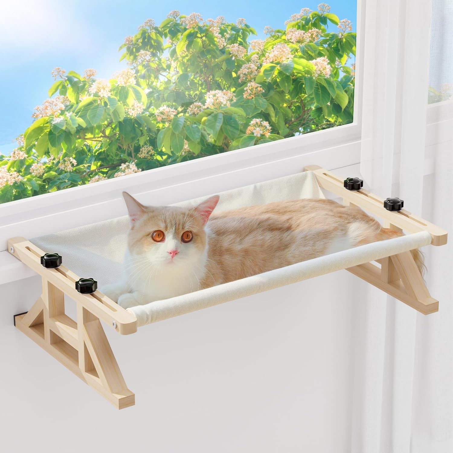 Tresbro 2-IN-1 Cat Window Perch & Elevated Cat Hammock, 26”L × 15.7”W × 10.2″H Wooden Frame Pet Bed for Large Indoor Cats, Easy Setup, Adjustable, No Drilling, Cats Seat for Window, Bedside, Ground
