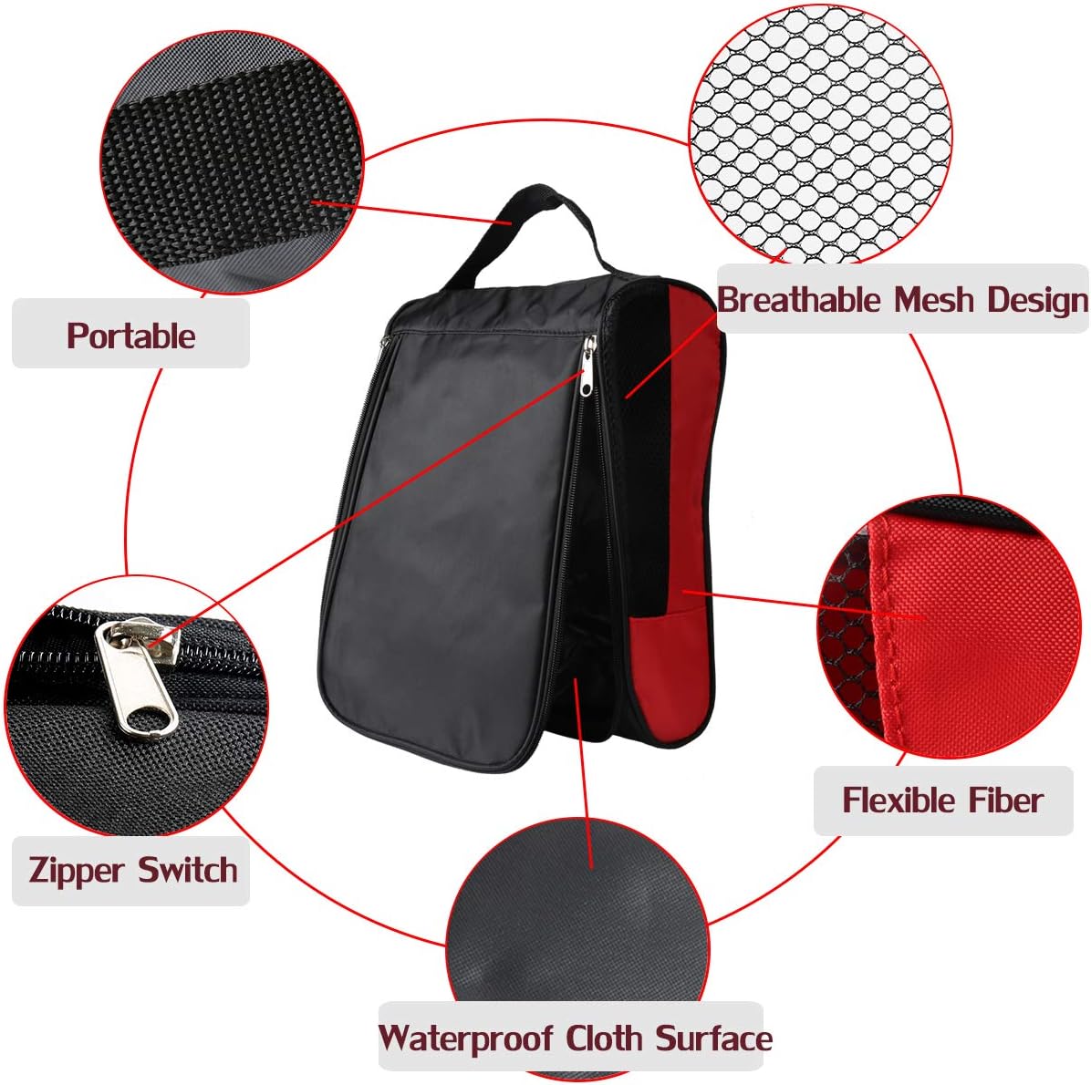 Outdoor Golf Shoes Bags Travel Shoes Bags Zippered Sport Shoes Bag (Red) - Image 3
