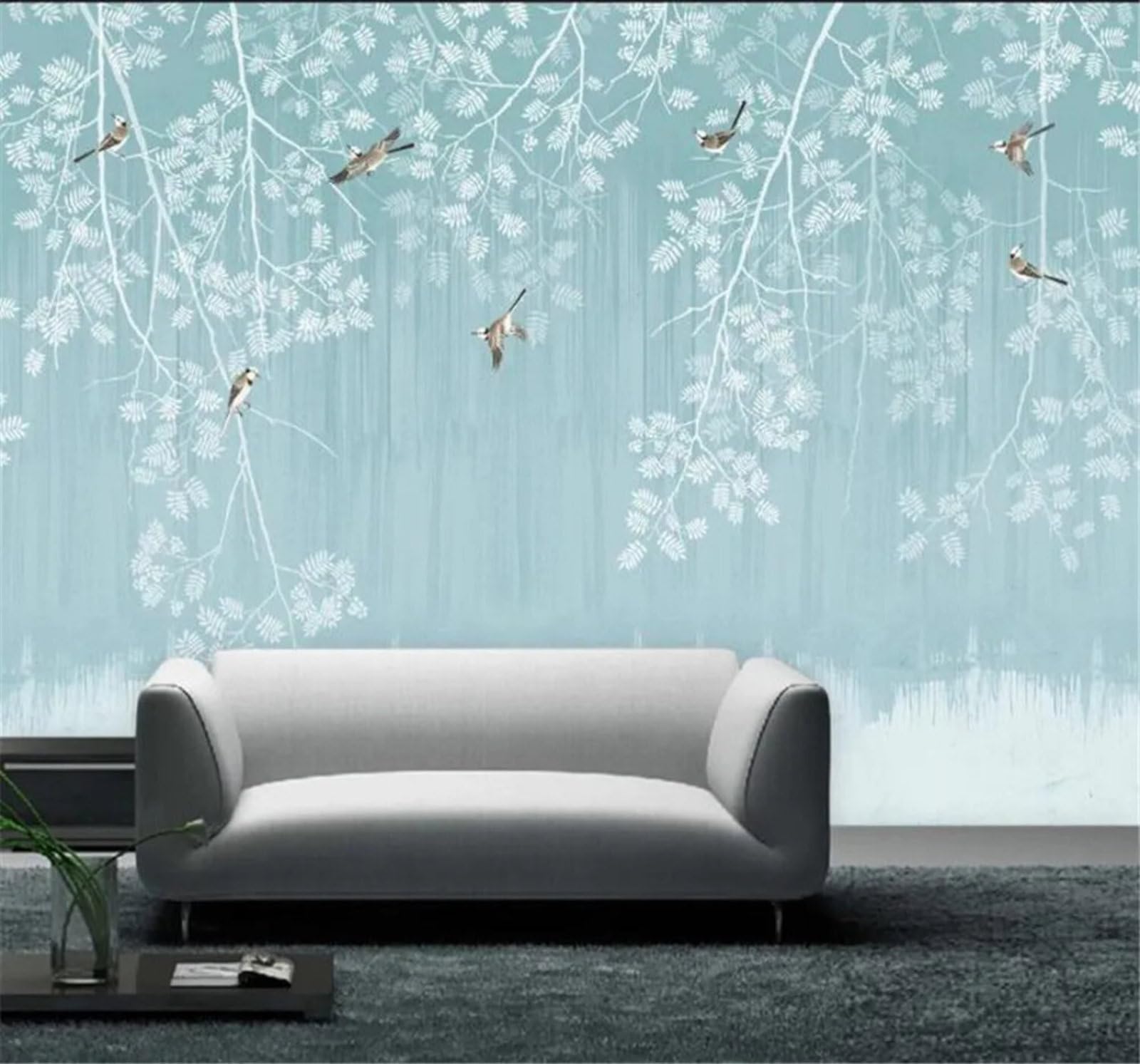 Tzxztt Fresh Elegant Hand Drawn Leaves Birds Modern 3D Wallpaper Premium Textured Silk Neutral Tones Material Ideal for Living Room Bedroom-350cm×256cm