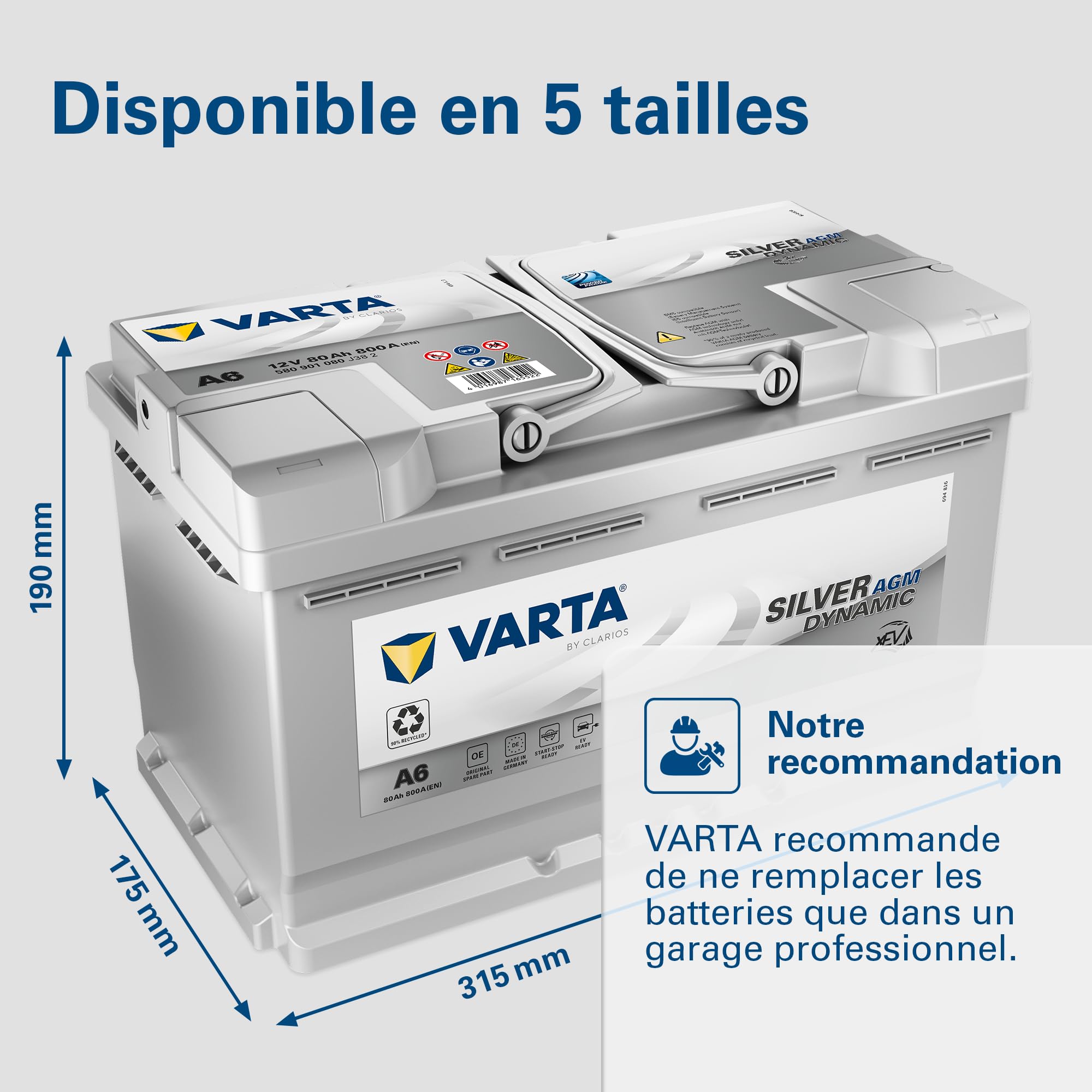 Batterie de démarrage Varta Silver Dynamic AGM XEV A6 - 12V 80Ah 800A - 580901080, Petite | 580901080, Petite