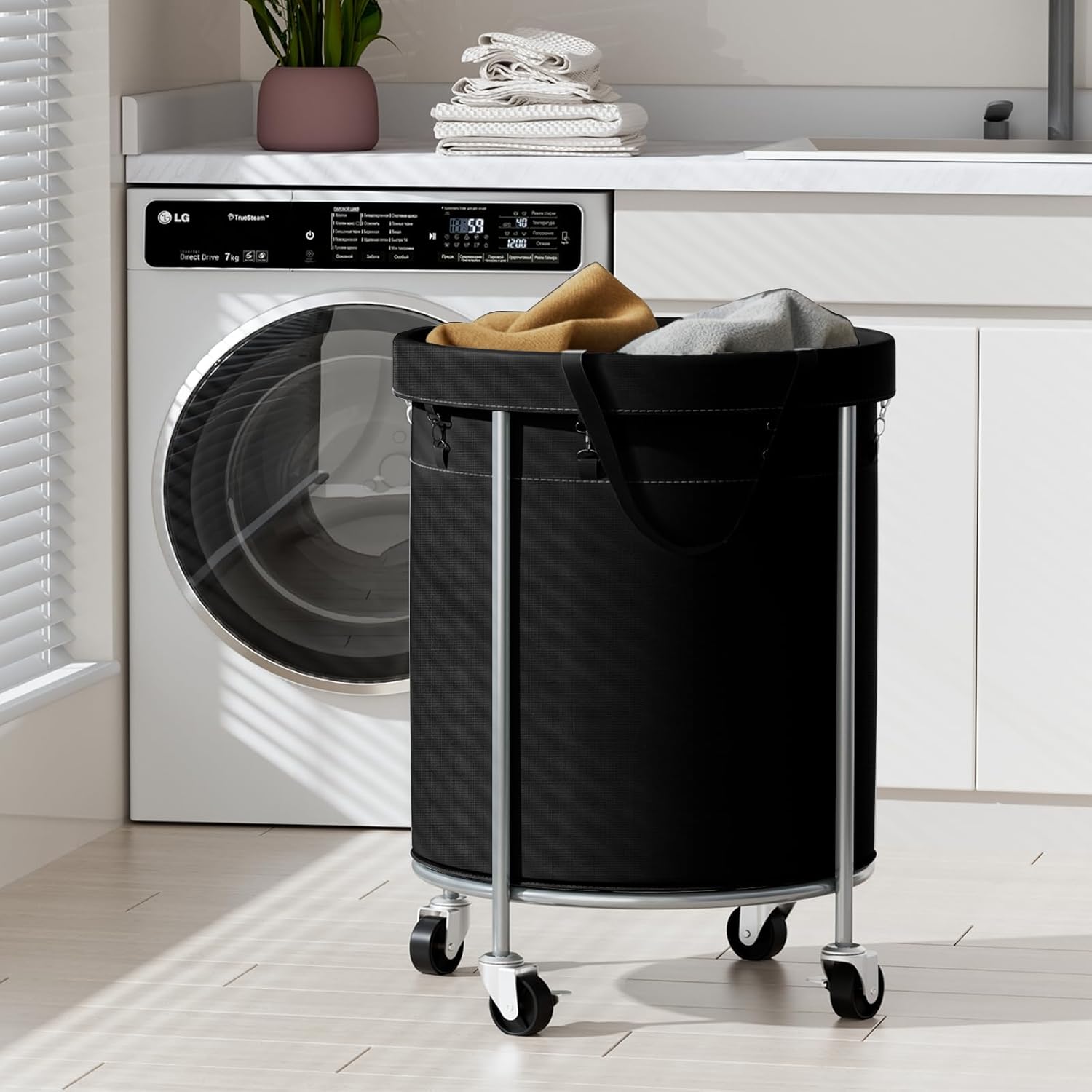 Aduanbang 170L Laundry Basket with Wheels, Rolling Hamper with Removable Bag & Steel Frame, Round Laundry Cart with 4 Casters & 2 Brakes, Ideal for Bedroom, Bathroom & Laundry Room