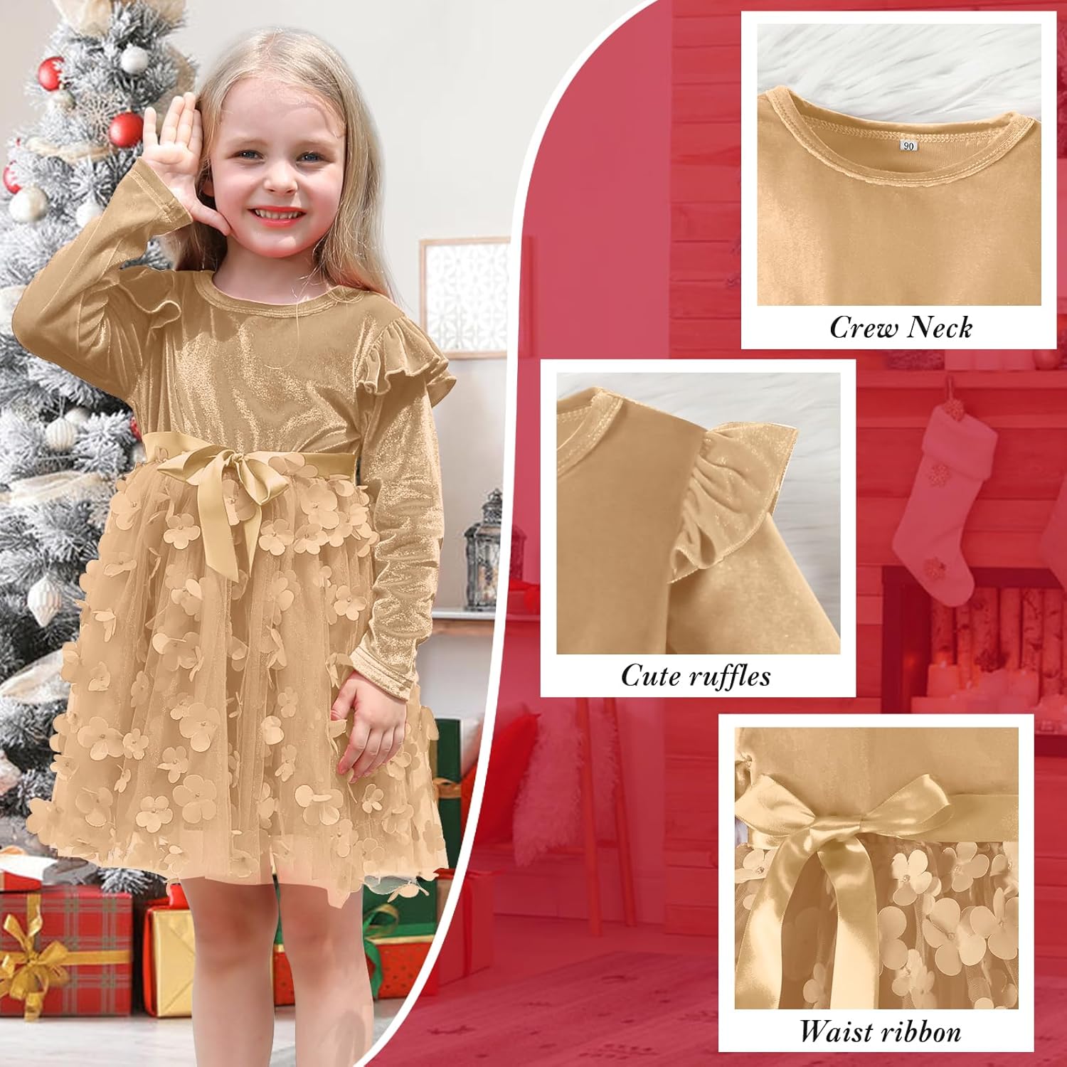 Toddler Girls Tutu Dresses Velvet Long Sleeve Dress for Little Girls Flower Ruffle Winter for Princess Holiday Party - Image 5