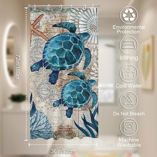 Miniatura 4 de Juego de cortinas de ducha de tela con temática náutica de tortugas marinas y playa, decoración de baño azul océano con ojales y ganchos, 36
